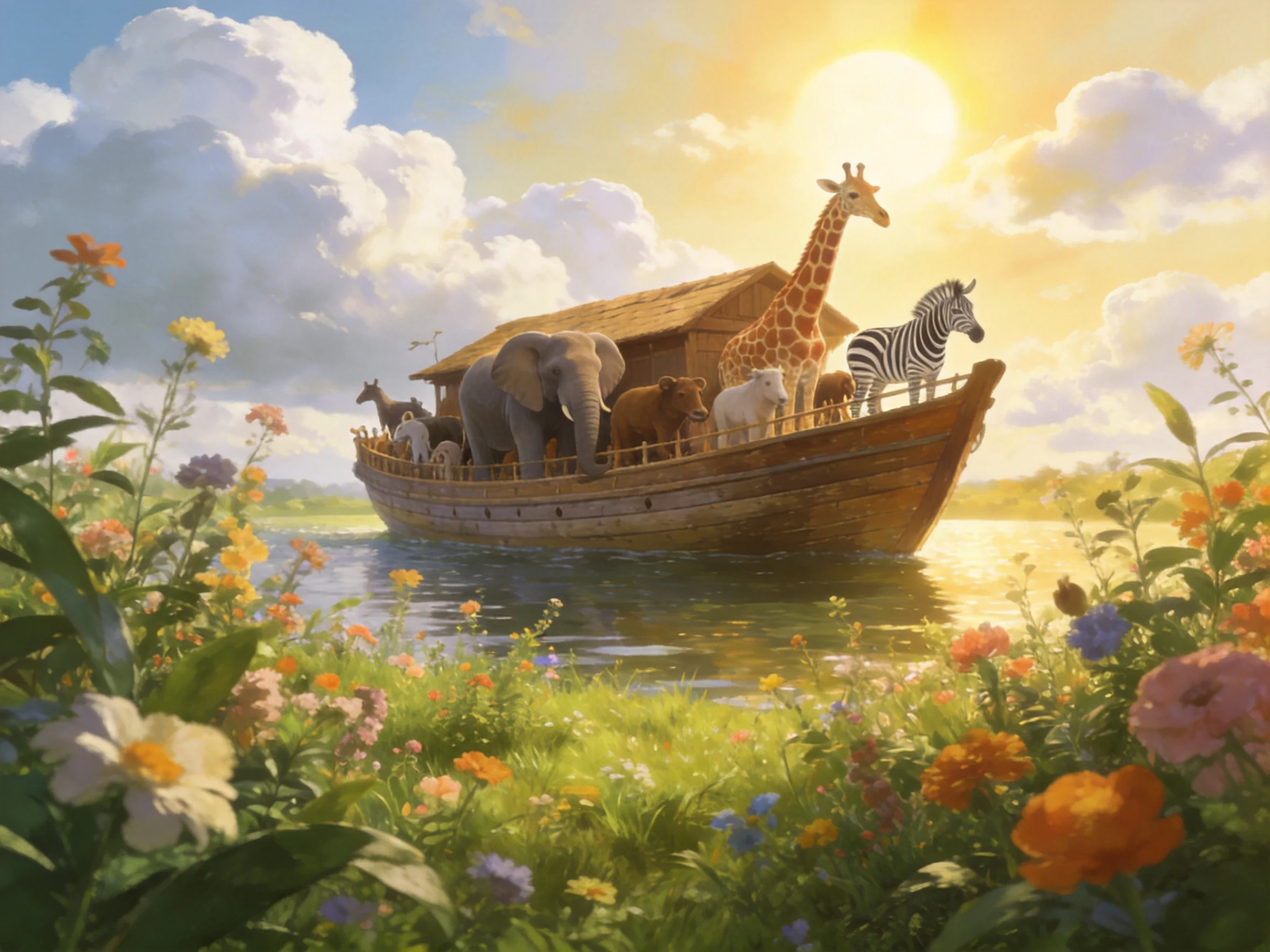 Noahs Ark with diverse animals sailing on calm waters