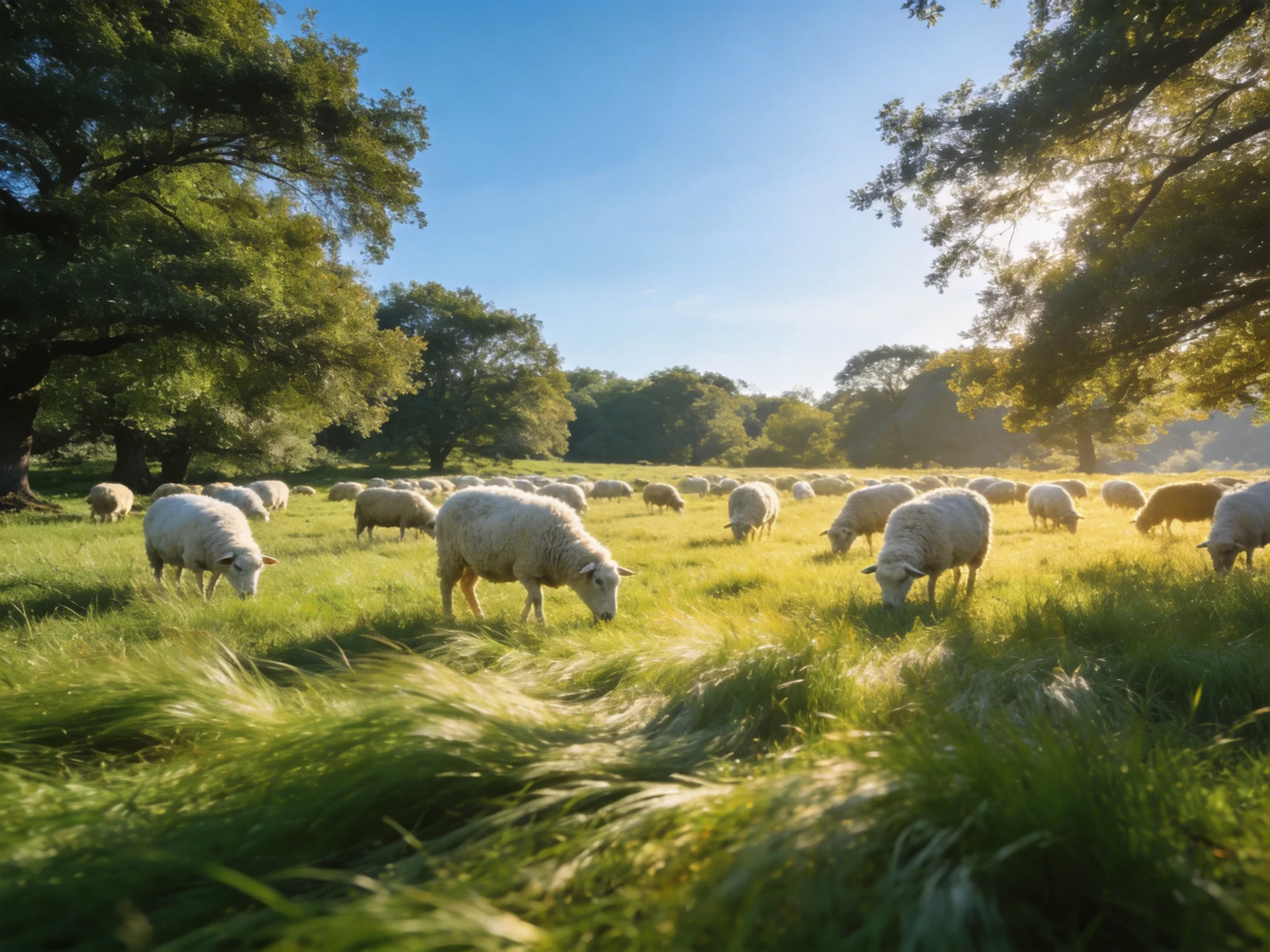 Numerous sheep graze in a sunlit green meadow near large trees
