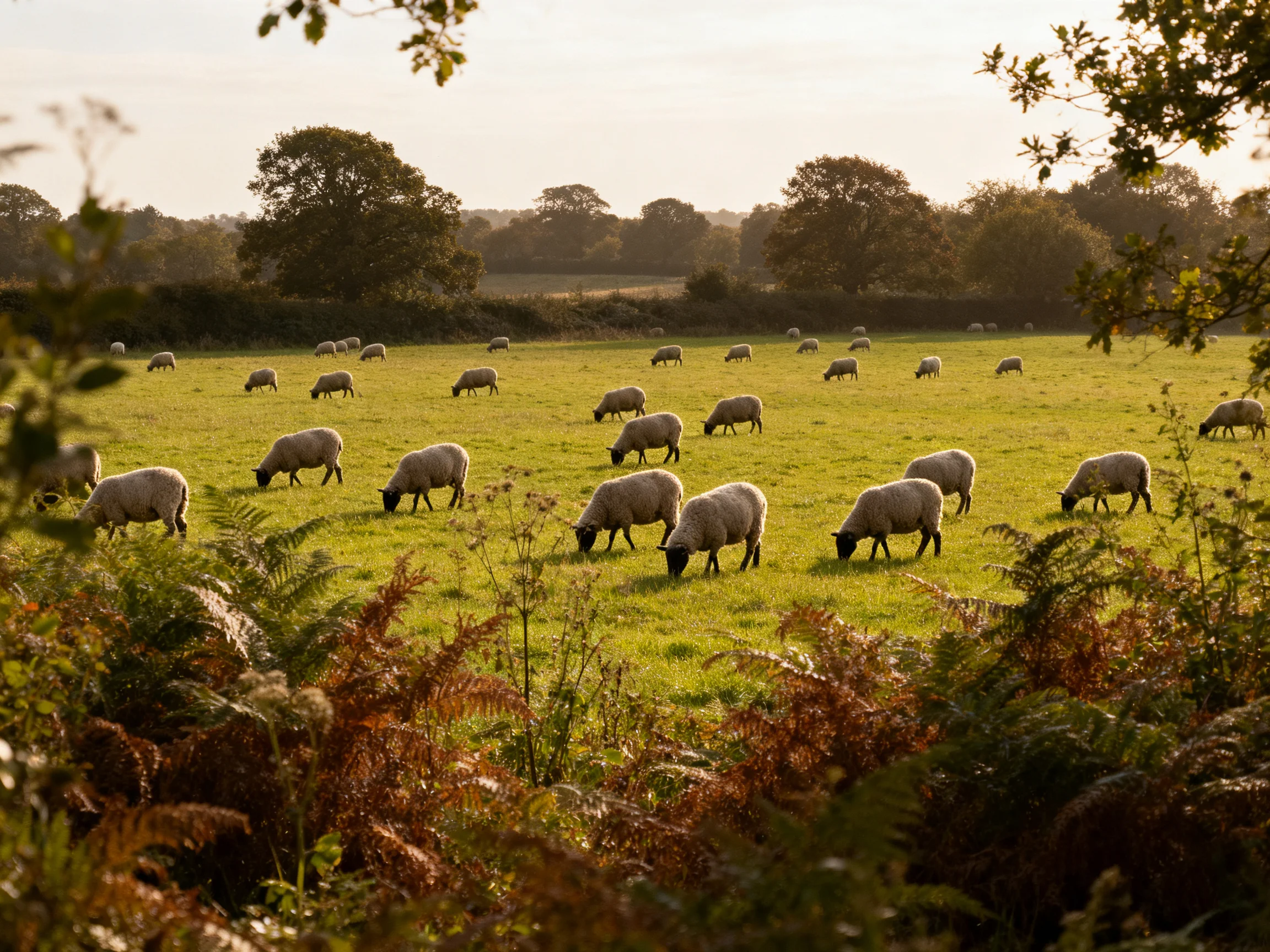 Numerous sheep graze in a sunlit green pasture