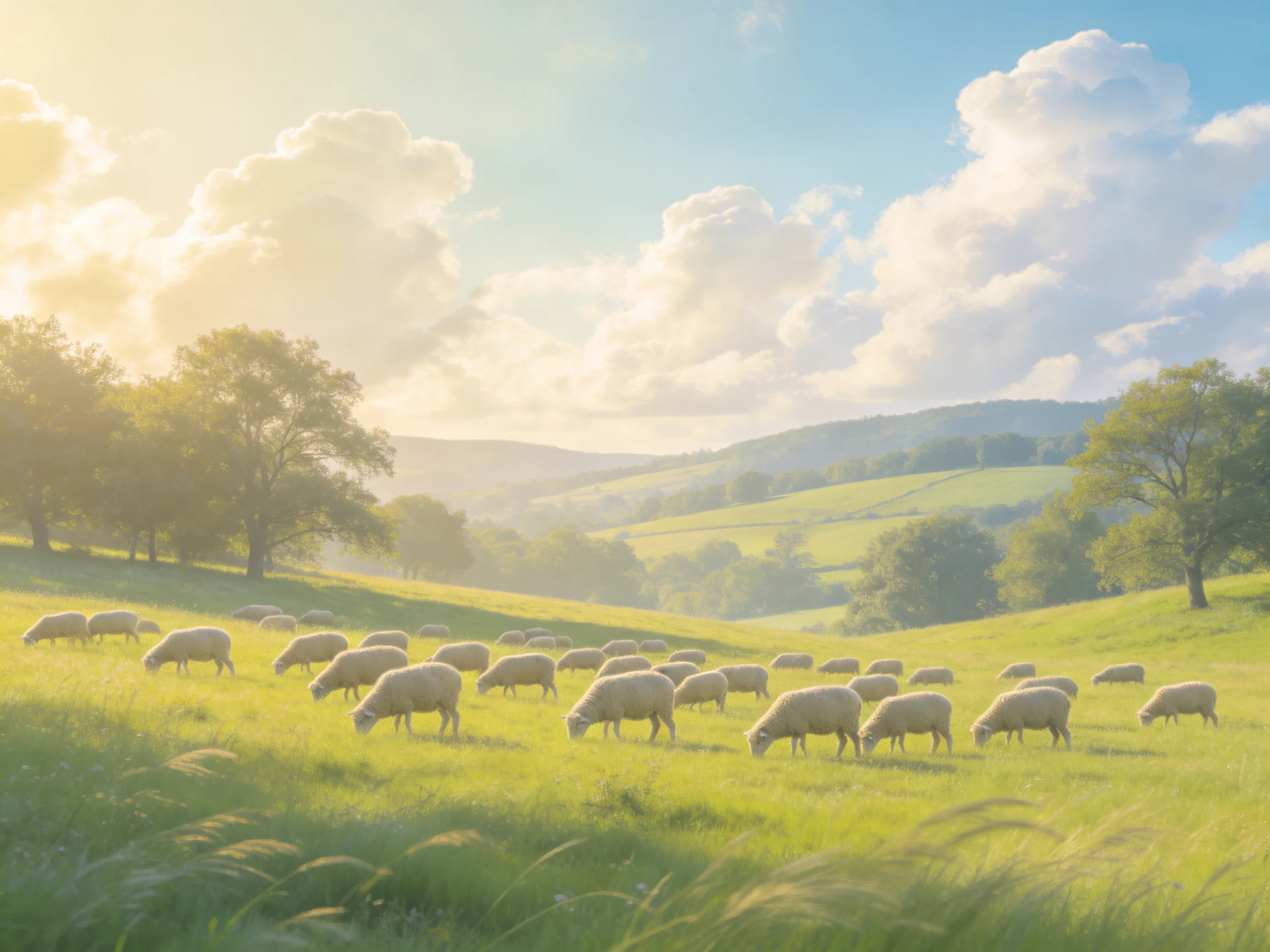 Numerous sheep graze in a sunlit green pasture with rolling hills