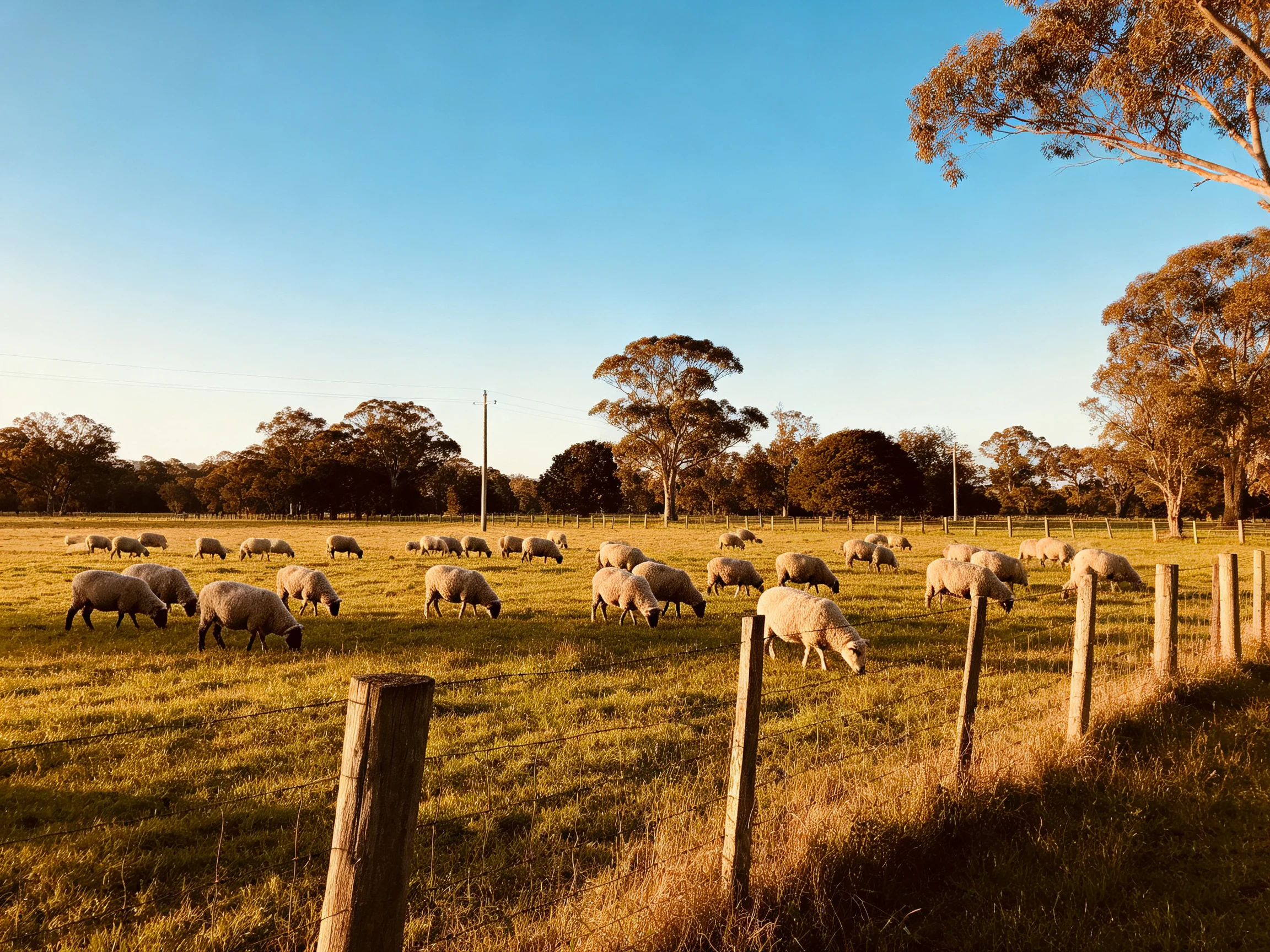 Numerous sheep graze in a sunlit pasture with wooden fences and trees
