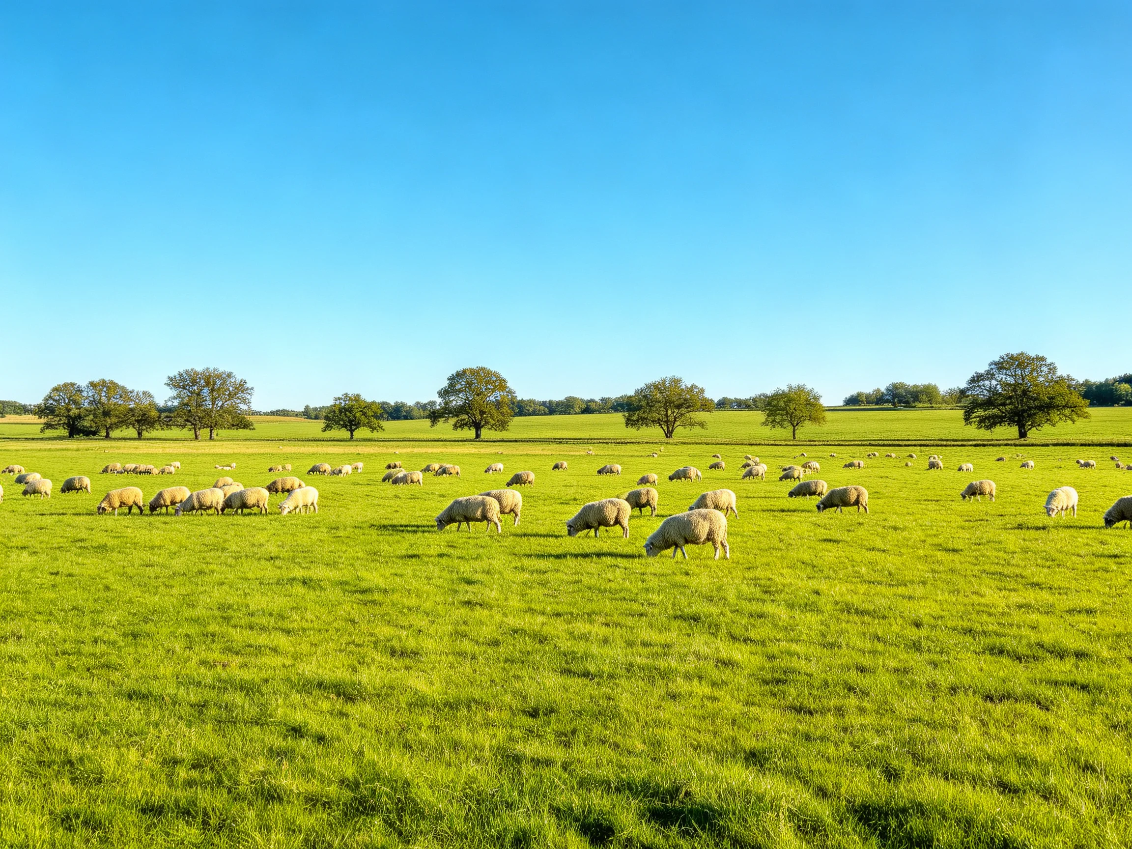 Numerous sheep graze in a vast green pasture with scattered trees under bright blue sky