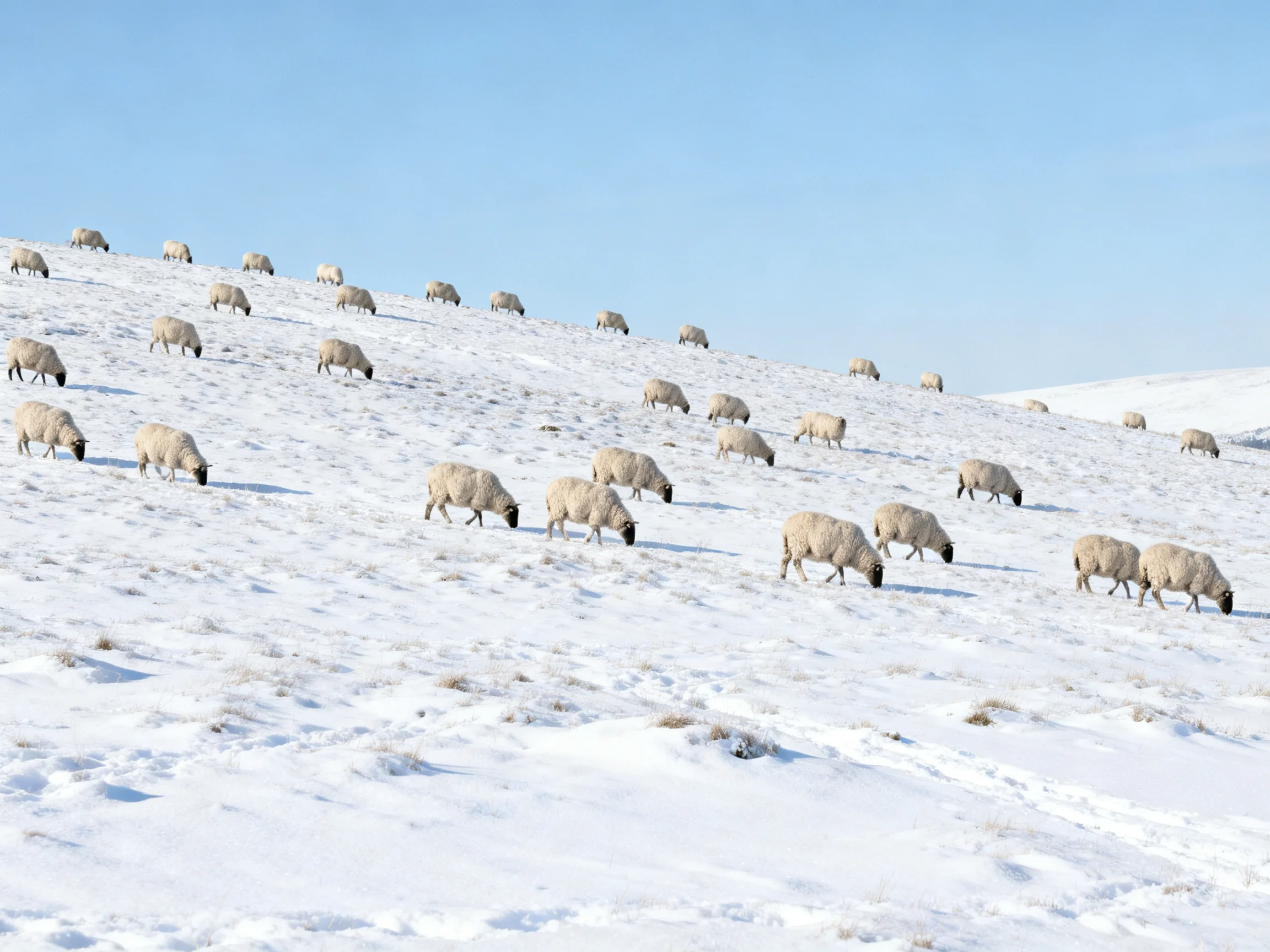 Numerous sheep graze on a snow - covered hillside under clear blue sky