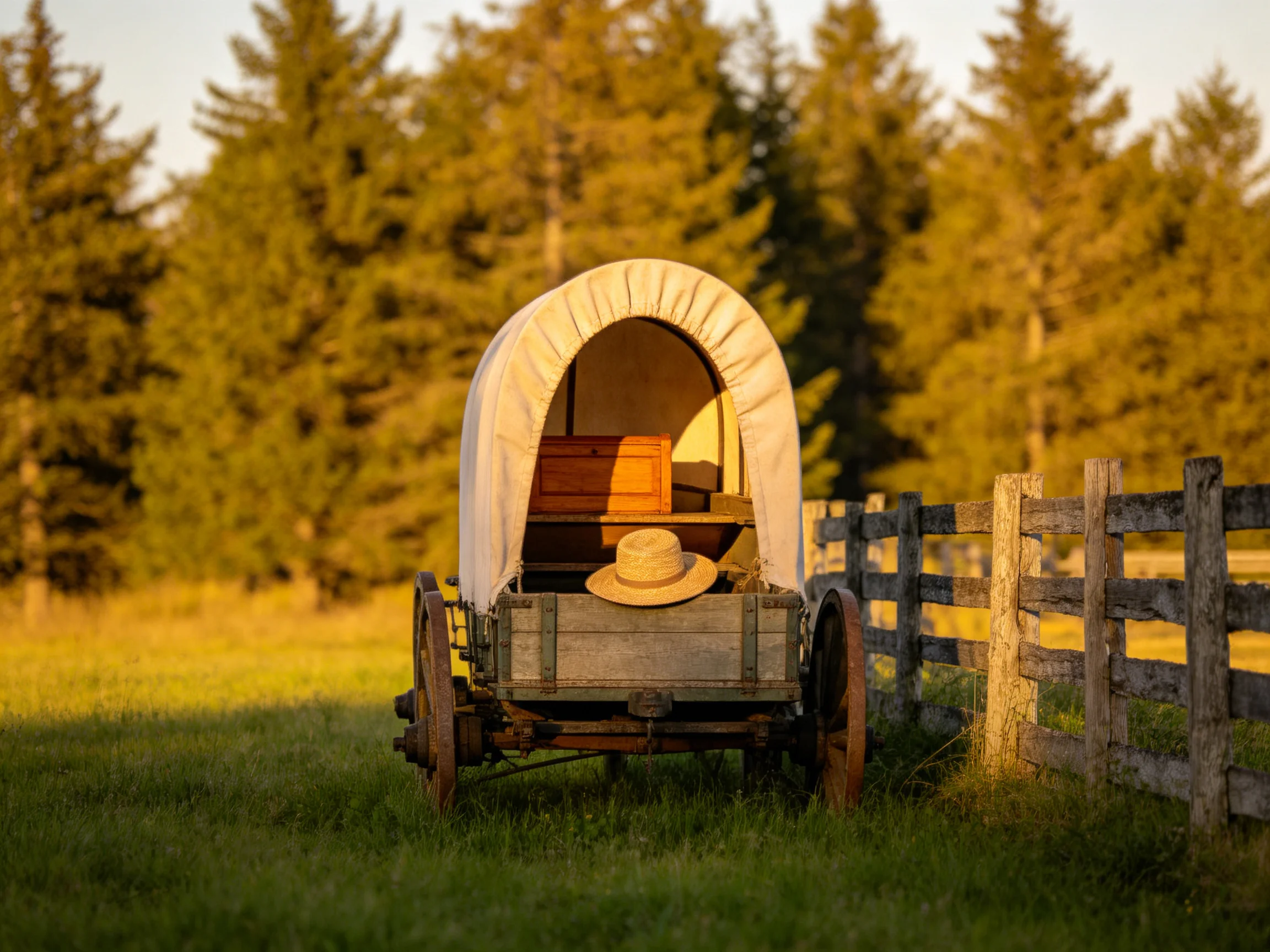 Old wooden covered wagon with straw hat near weathered fence