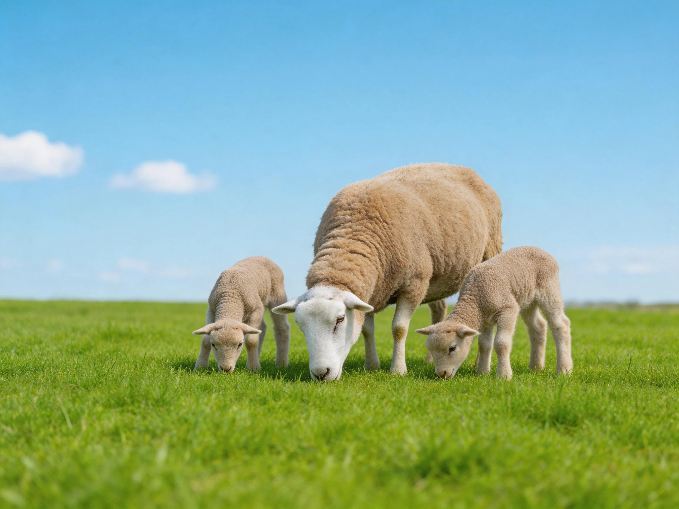 One adult sheep and two lambs graze in a green field under a clear blue sky.