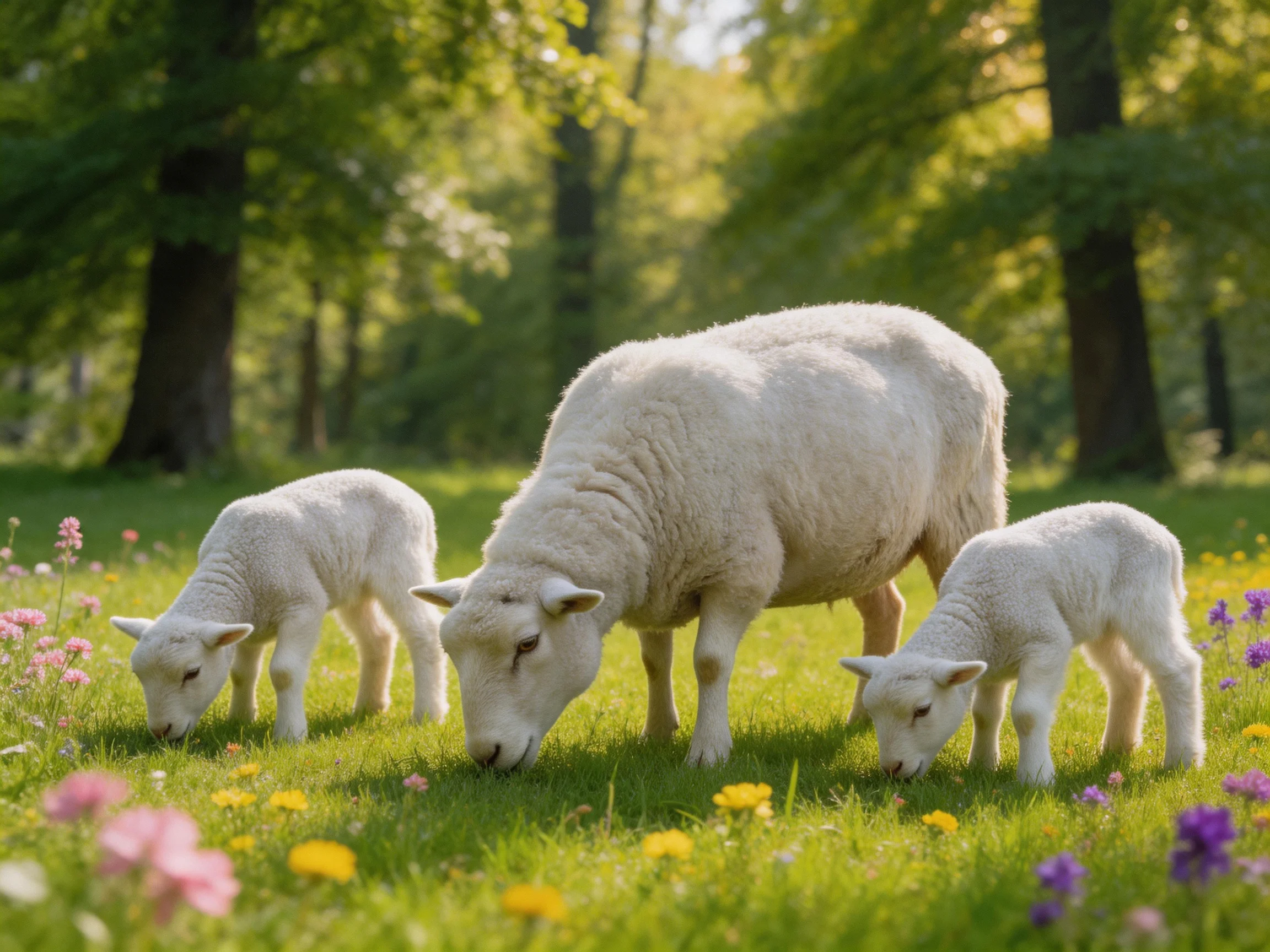 One adult sheep and two lambs graze in a vibrant flowered meadow among tall trees
