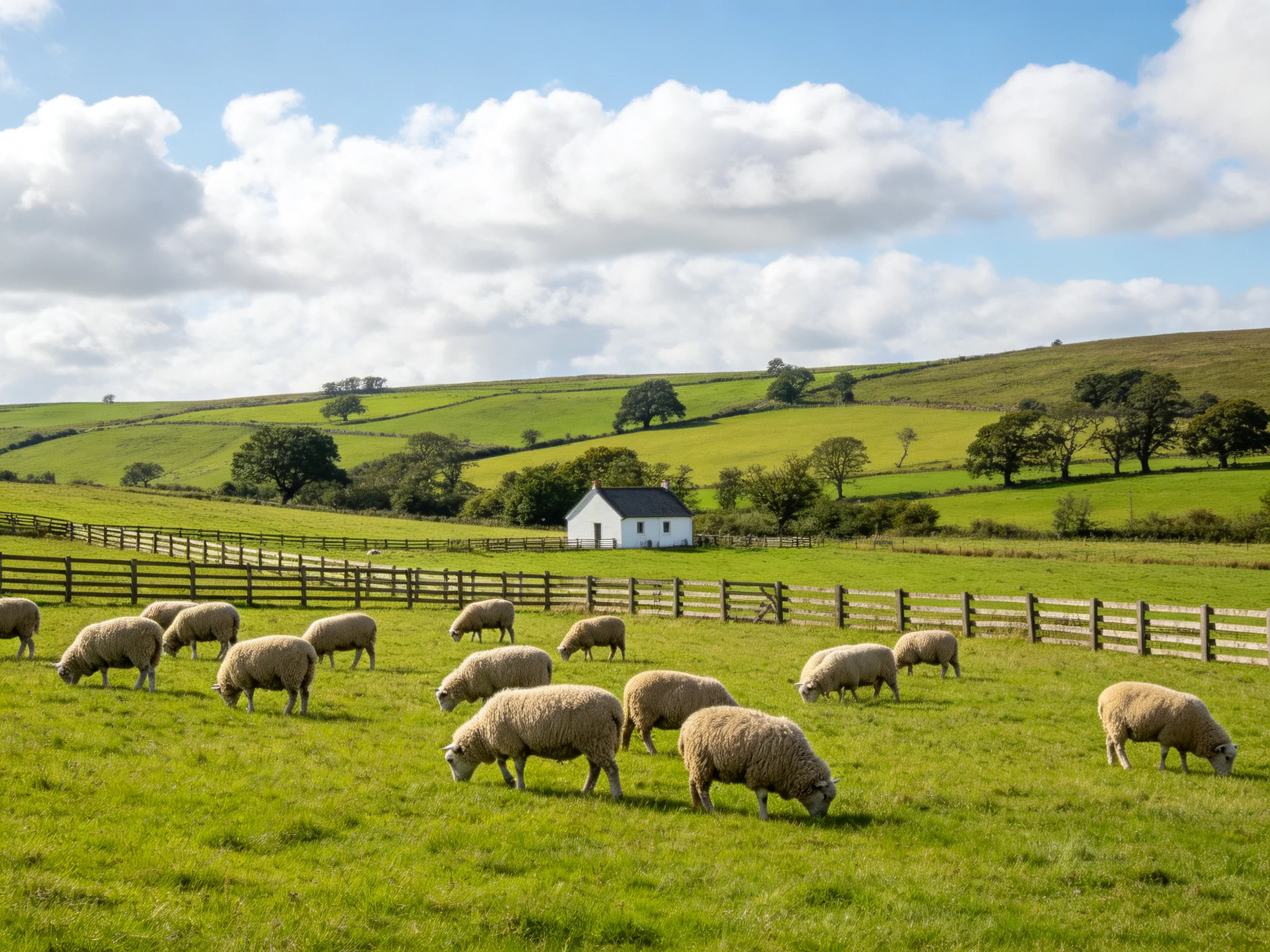 Pastoral scene with sheep, green fields, and a white cottage