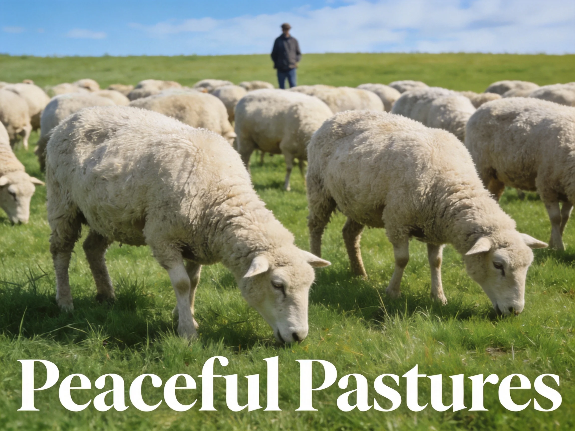 Peaceful sheep herd grazing in green pastures with a shepherd