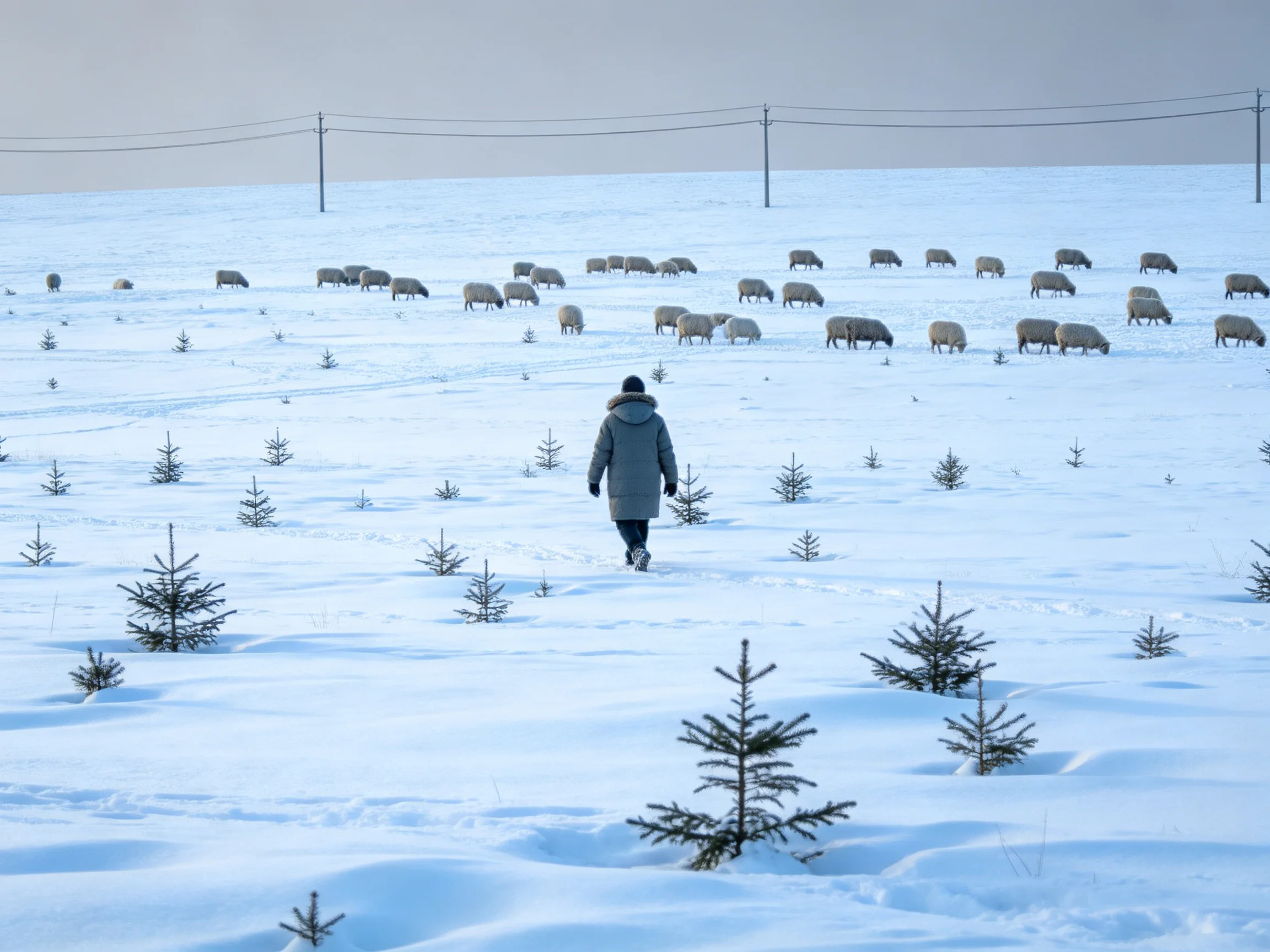 Person in Gray Coat Walking Through Snowy Field Toward Sheep Herd
