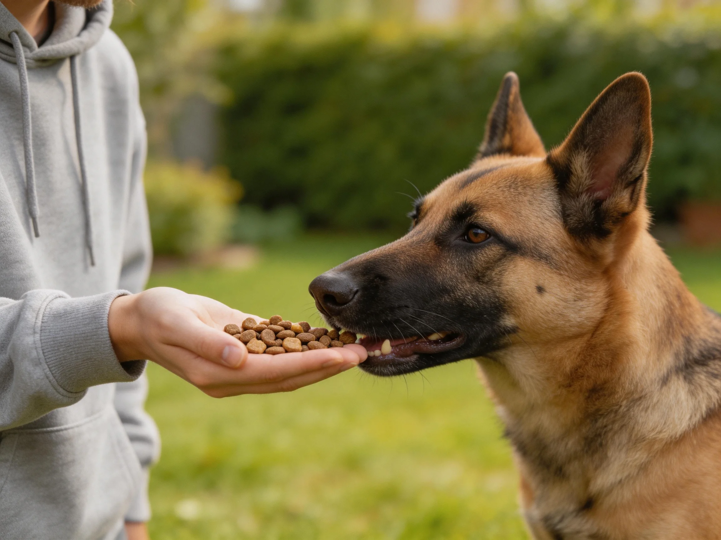 Person in gray hoodie feeds German Shepherd dog kibble in lush green garden