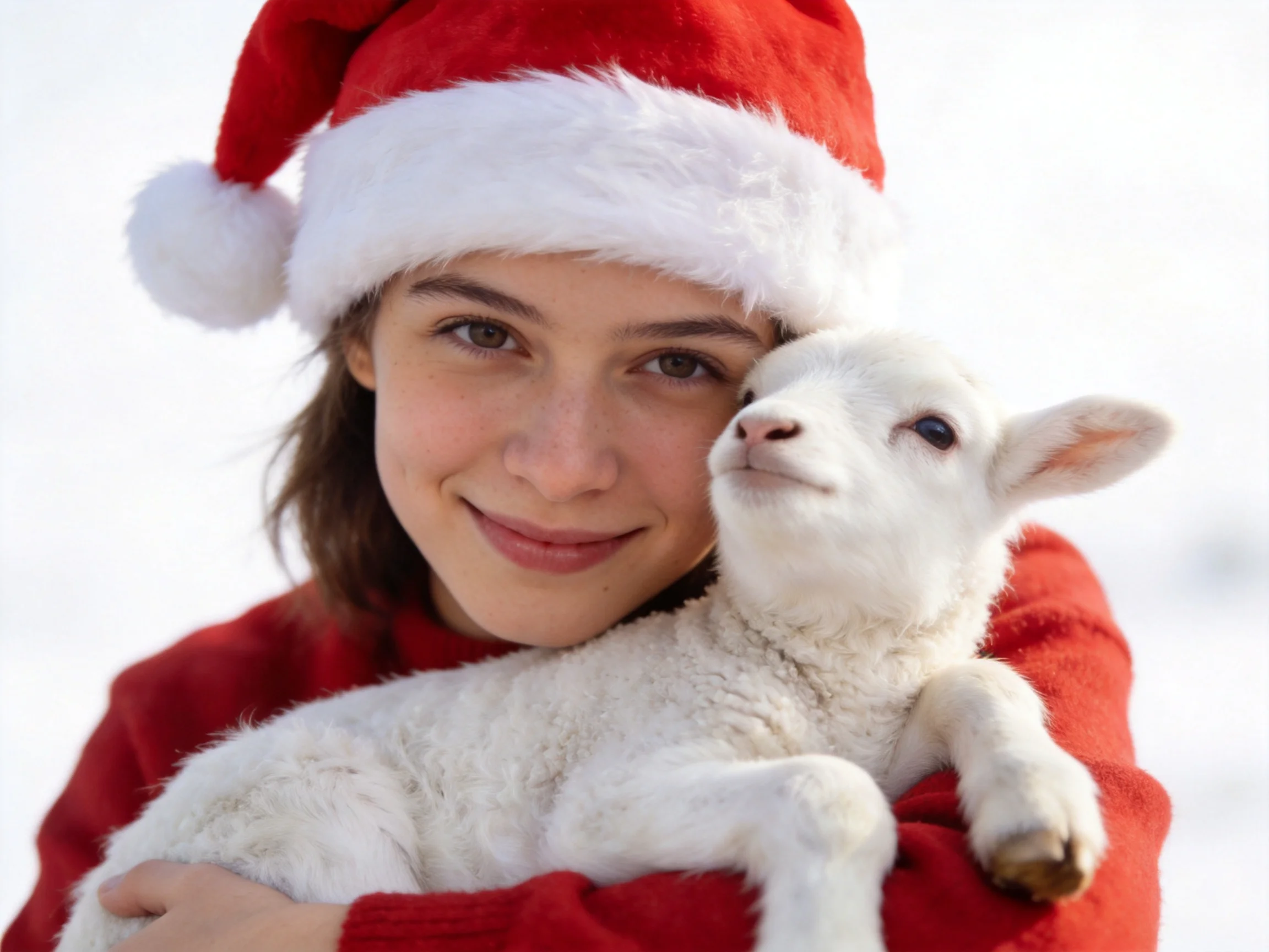 Person in red Santa hat holding a white lamb