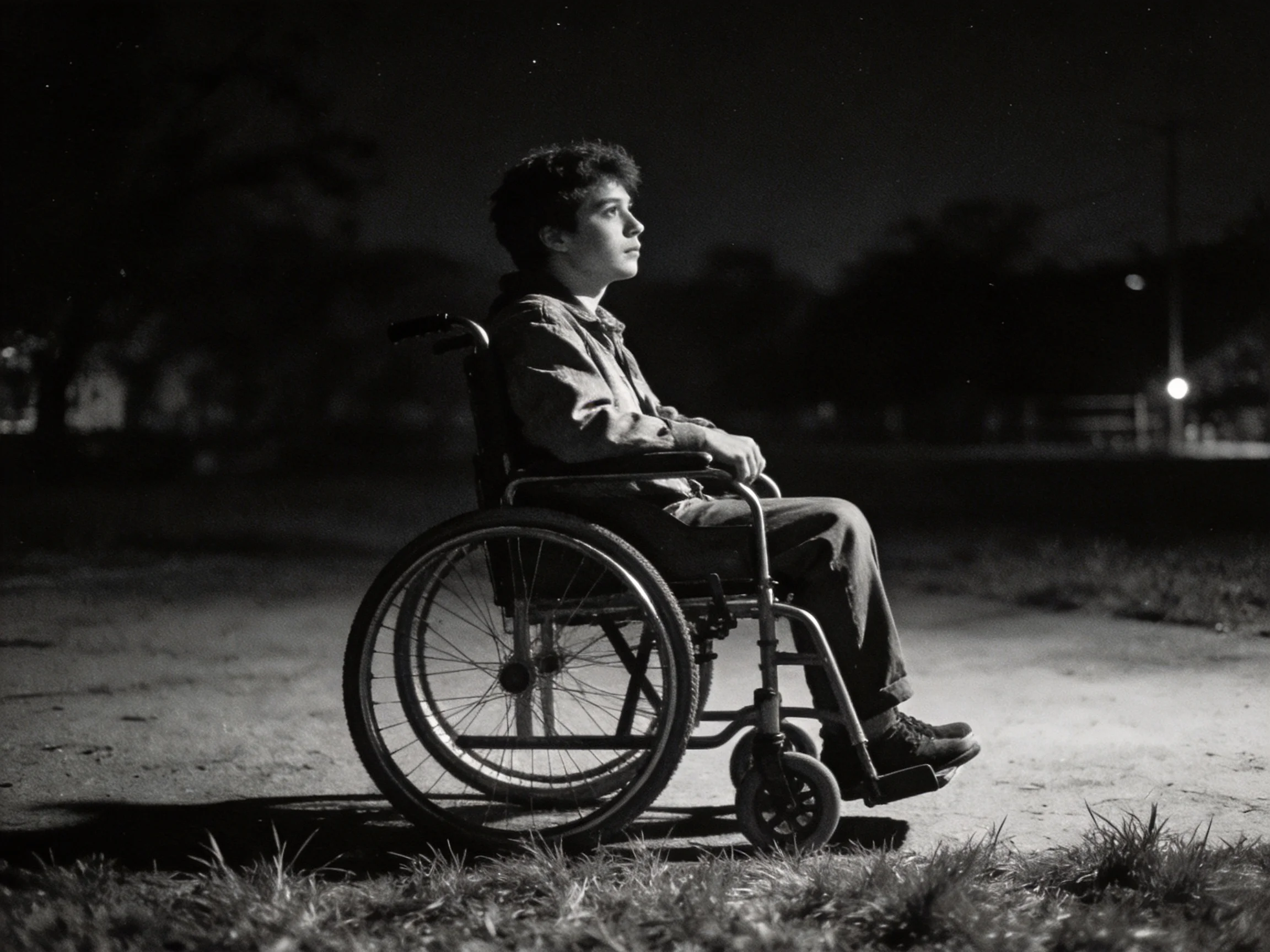 Person in wheelchair sits alone on a dimly lit outdoor path at night