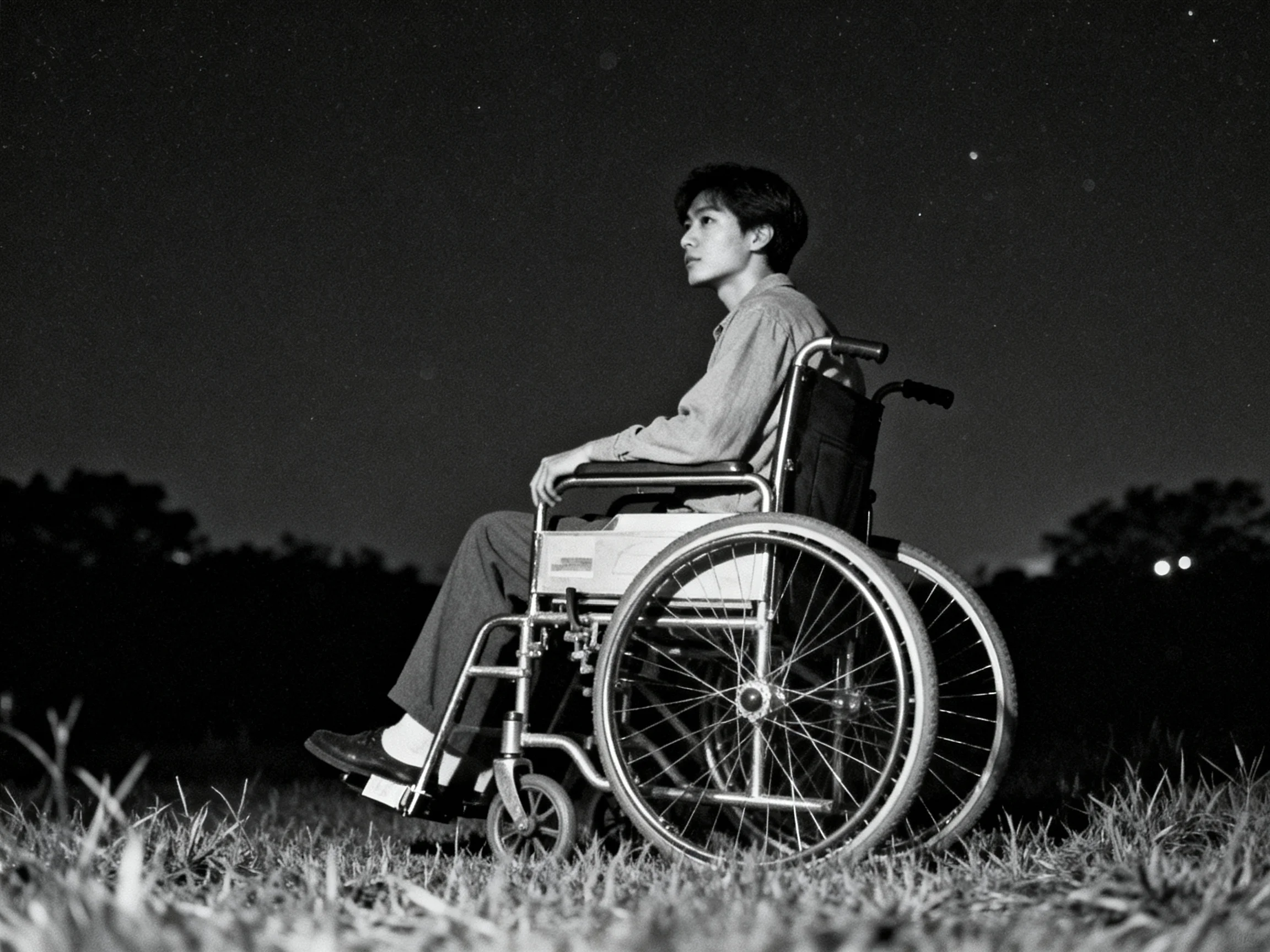 Person in wheelchair sitting on grass under dark night sky