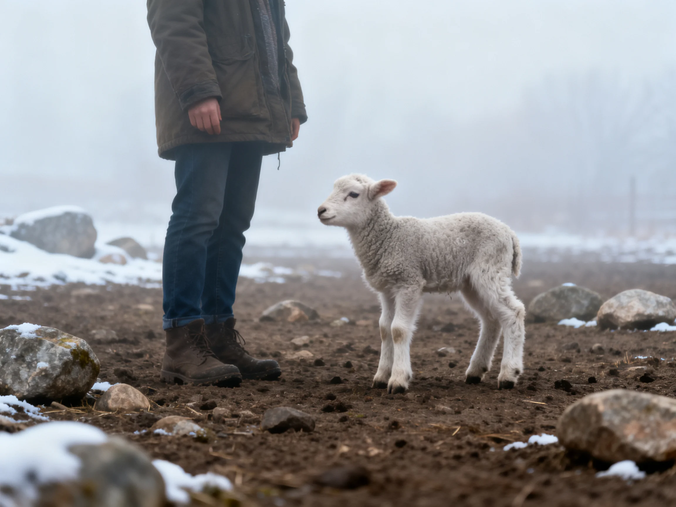 Person in winter clothing near a small white lamb in a foggy rocky area