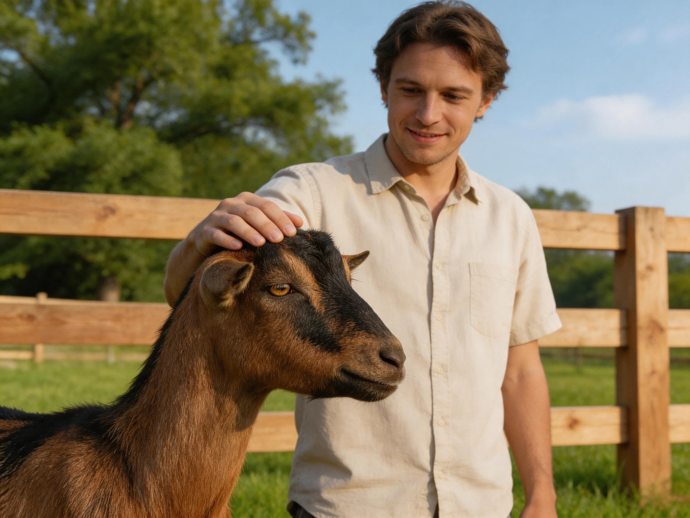 Person petting a brown and black goat near a wooden fence