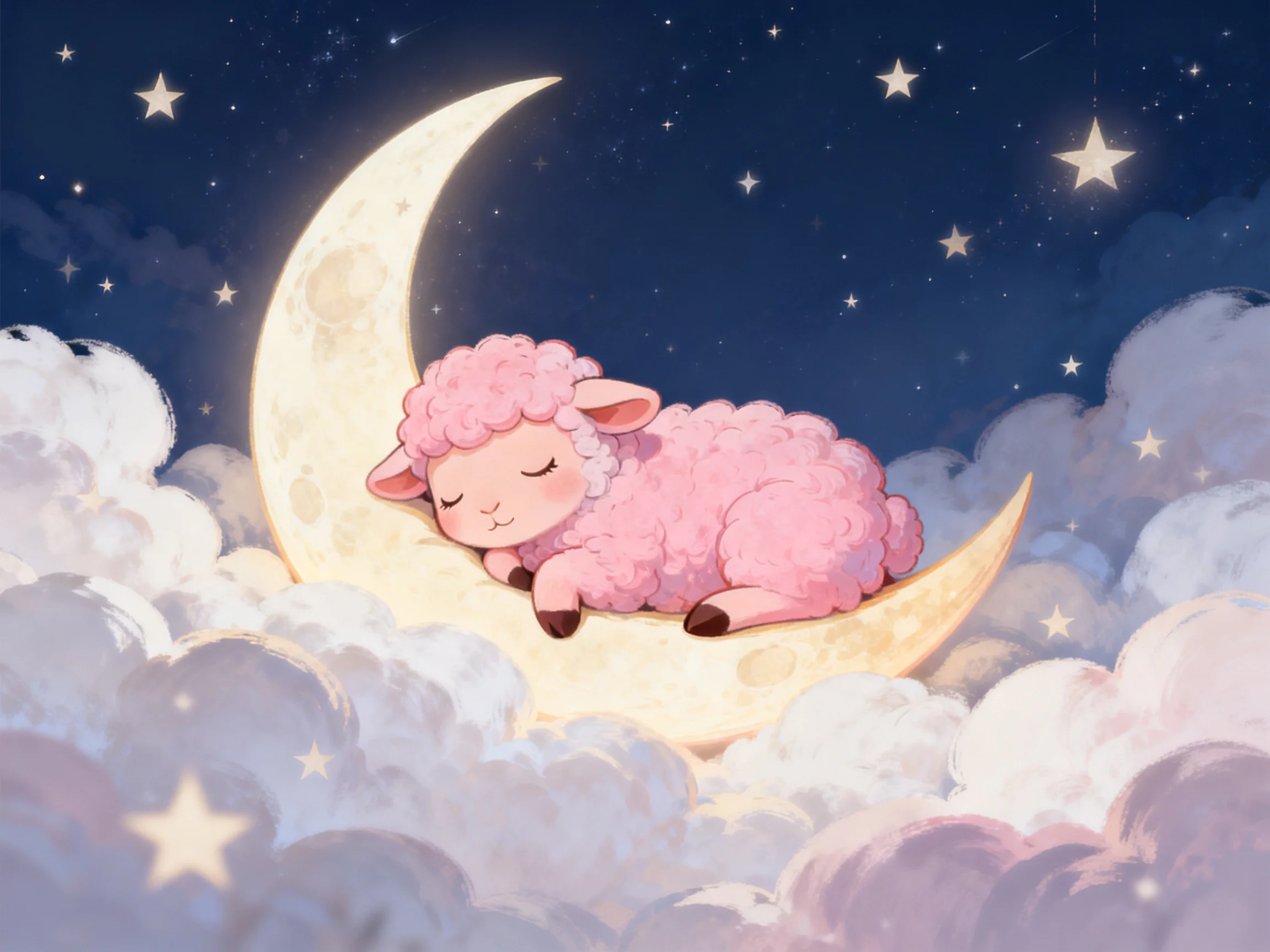 Pink sheep sleeping on crescent moon with stars and clouds