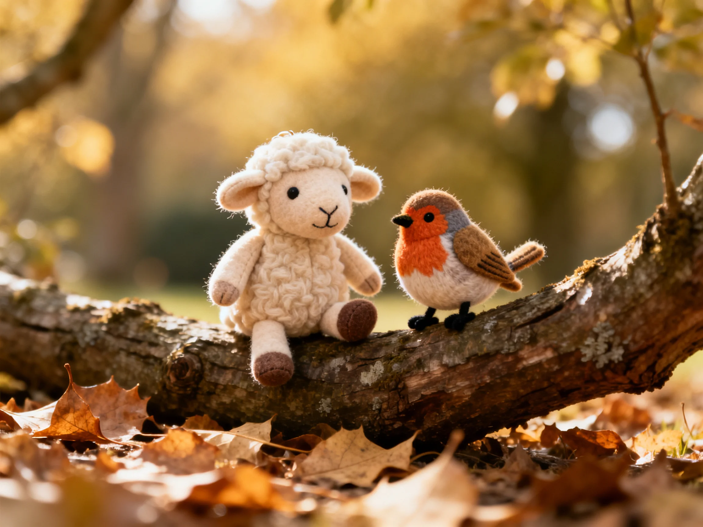 Plush sheep and bird on a tree branch with autumn leaves