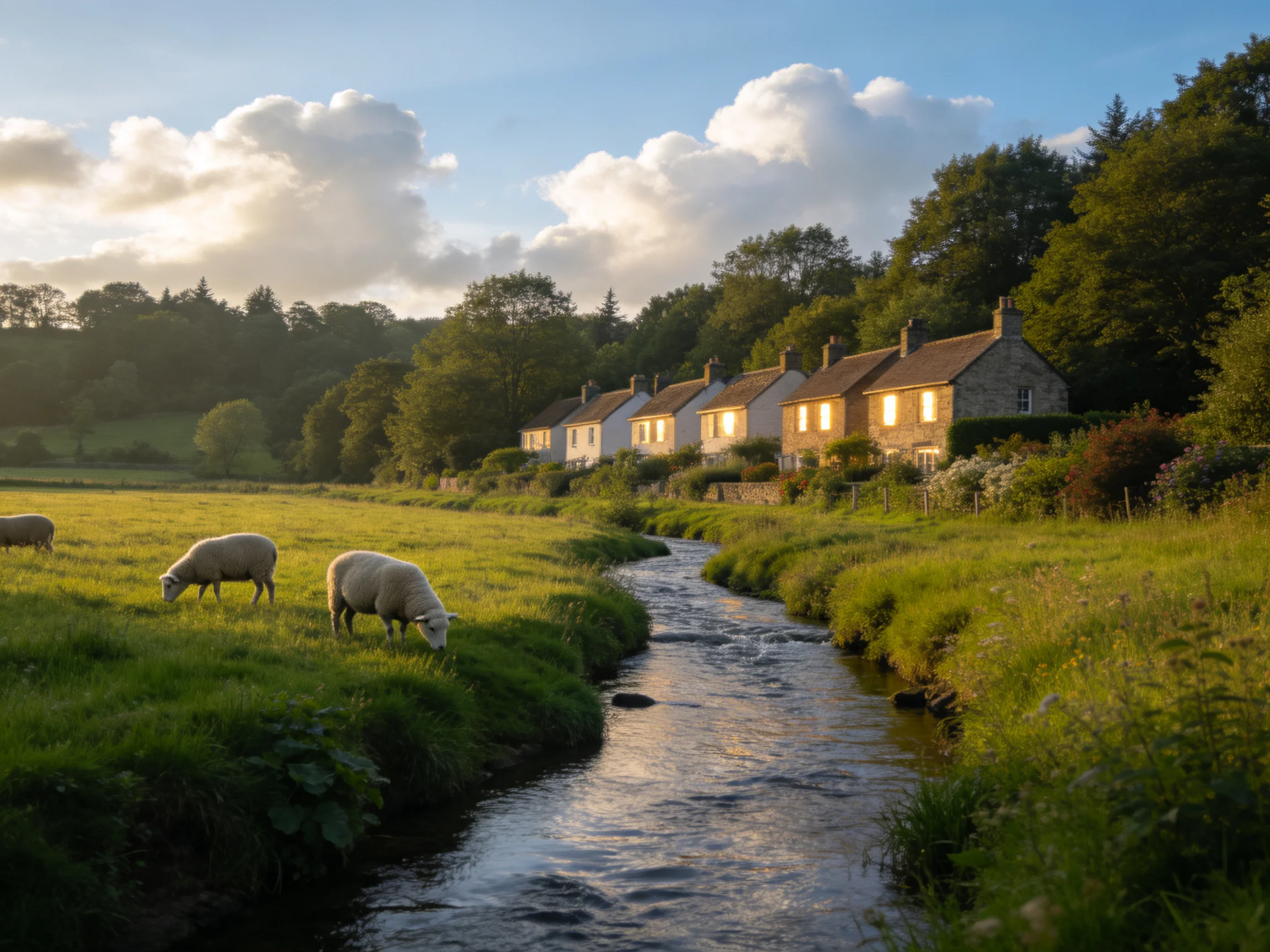Quaint cottages sit beside a winding stream where sheep graze in a lush countryside setting
