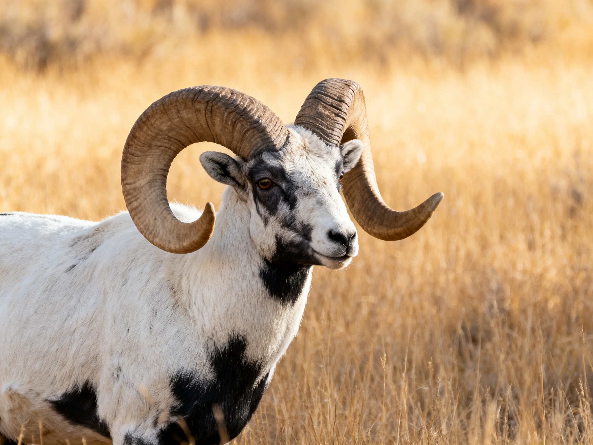 Ram with large curved horns in golden grassy terrain