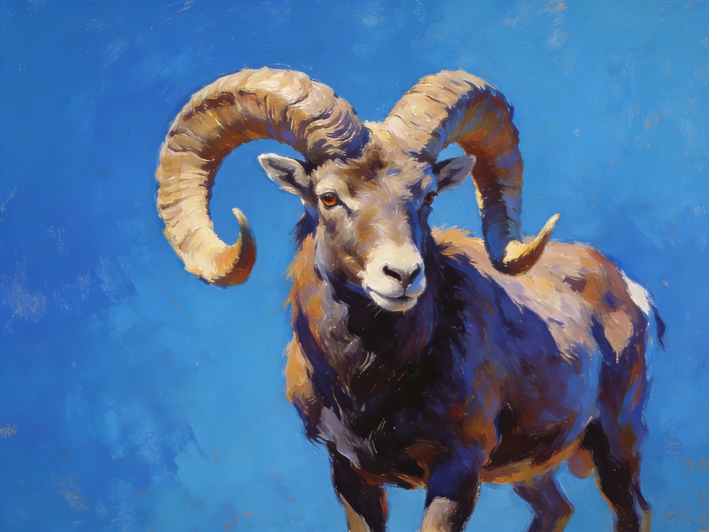 Ram with massive curved horns against a vivid blue background