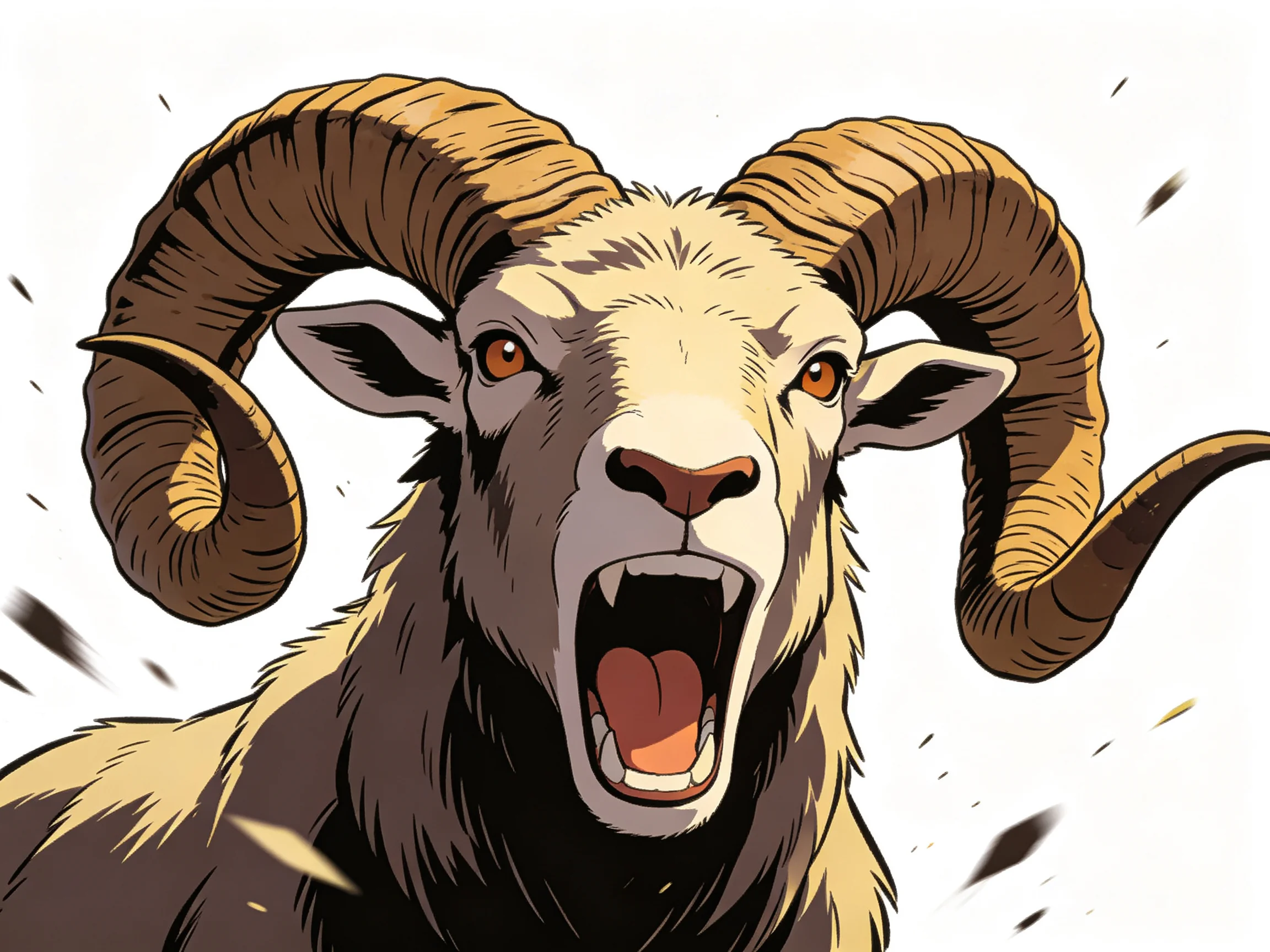 Ram with massive curved horns and light tan fur