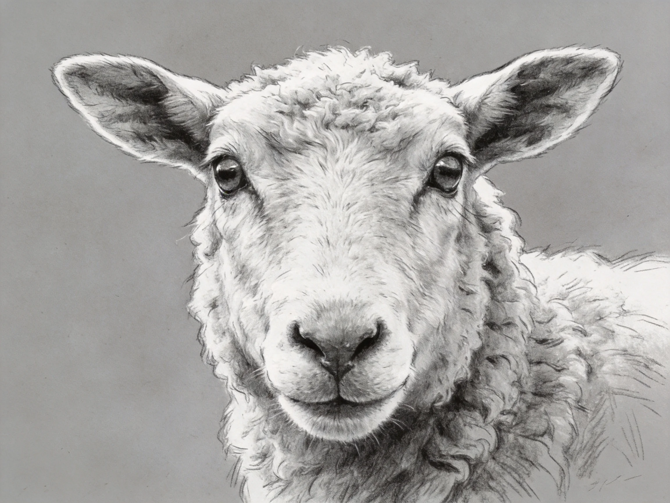 Realistic monochrome pencil portrait of a sheep with curly wool