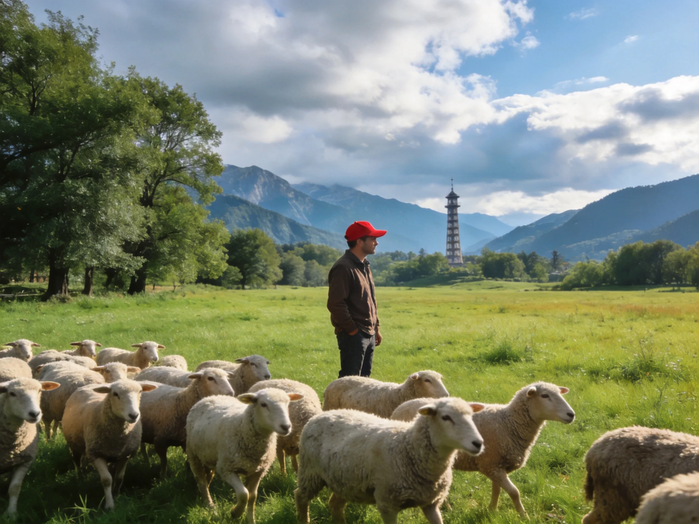 Red-capped man herds sheep in verdant mountain meadow with pagoda