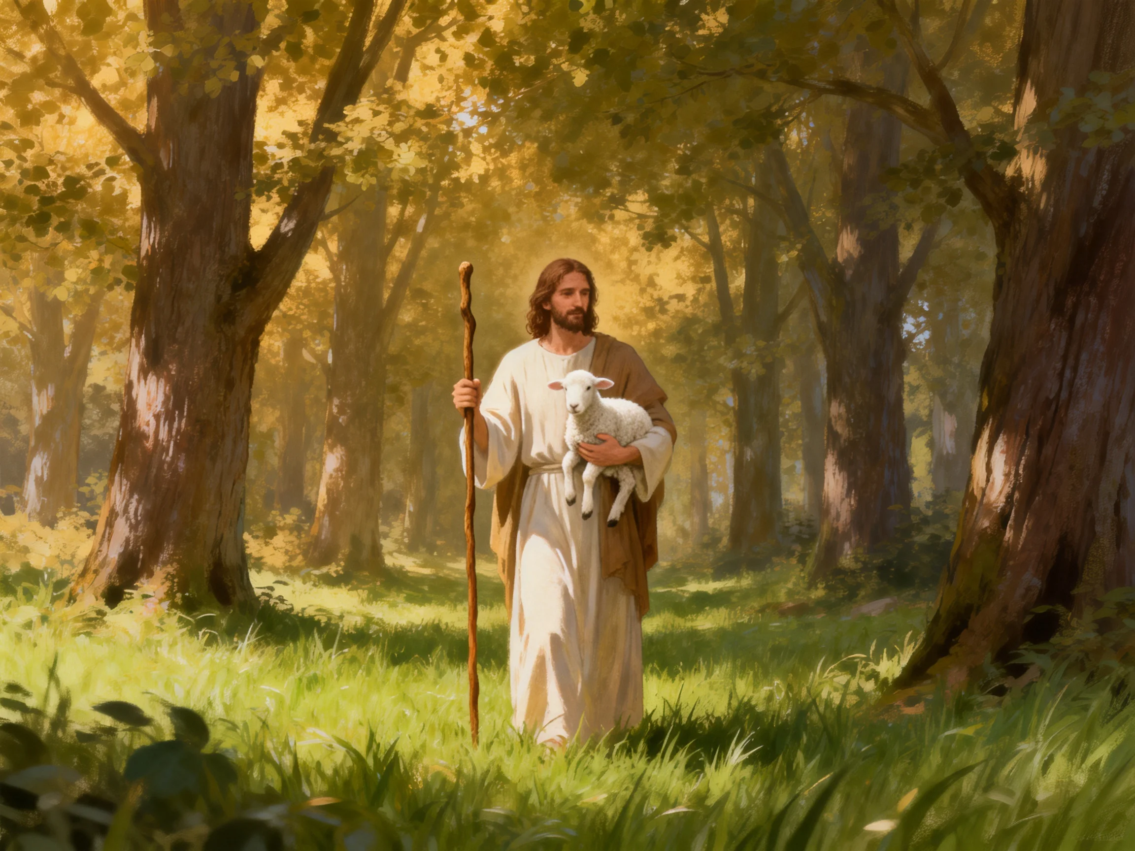 Robed figure holds lamb in sunlit forest glade