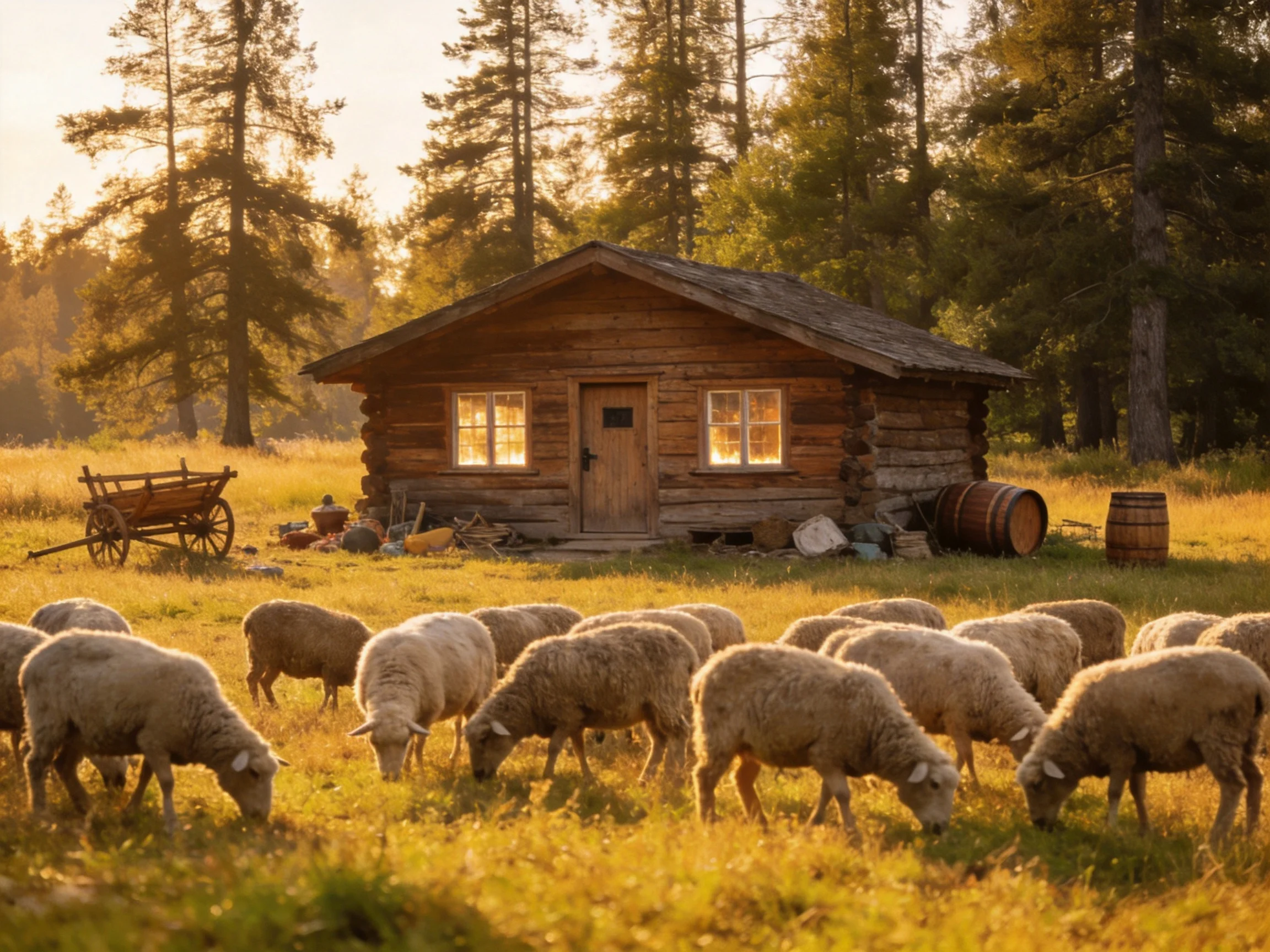 Rustic log cabin near forest with grazing sheep