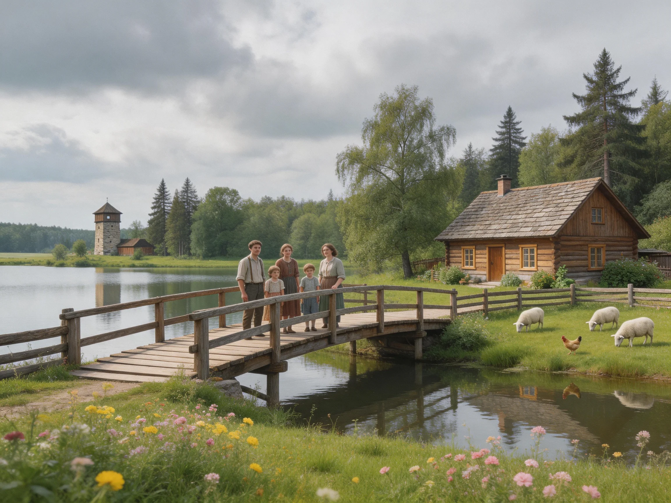 Rustic wooden bridge spans calm lake near log cabin