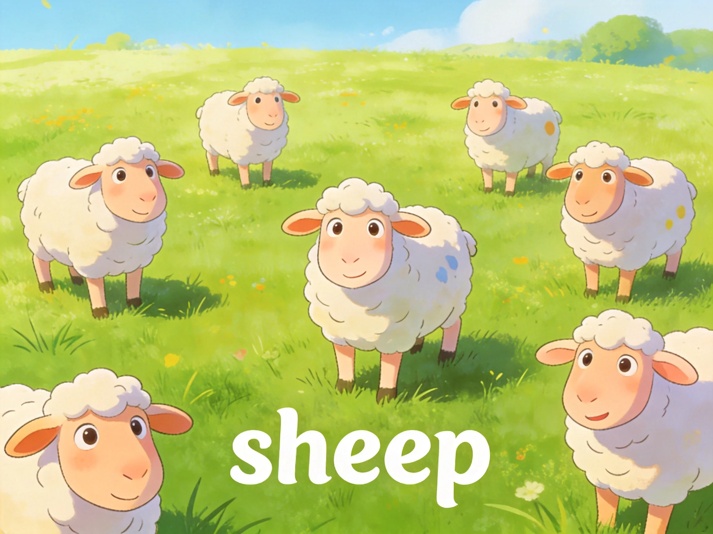 Seven fluffy white sheep grazing in a bright green meadow
