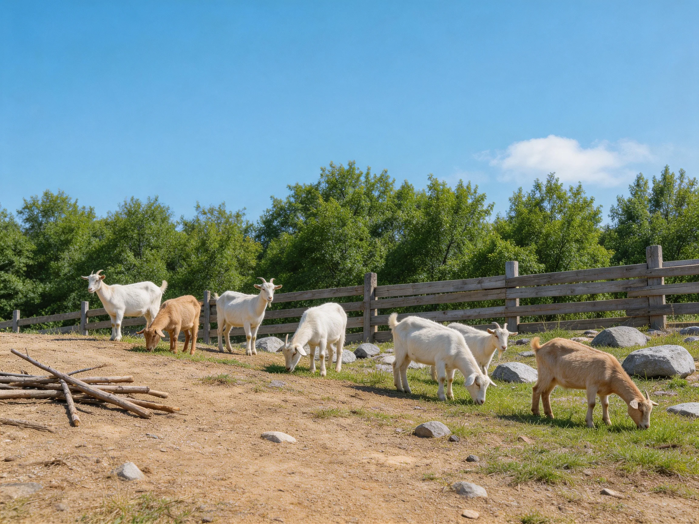 Seven goats, white and brown, graze by a wooden fence
