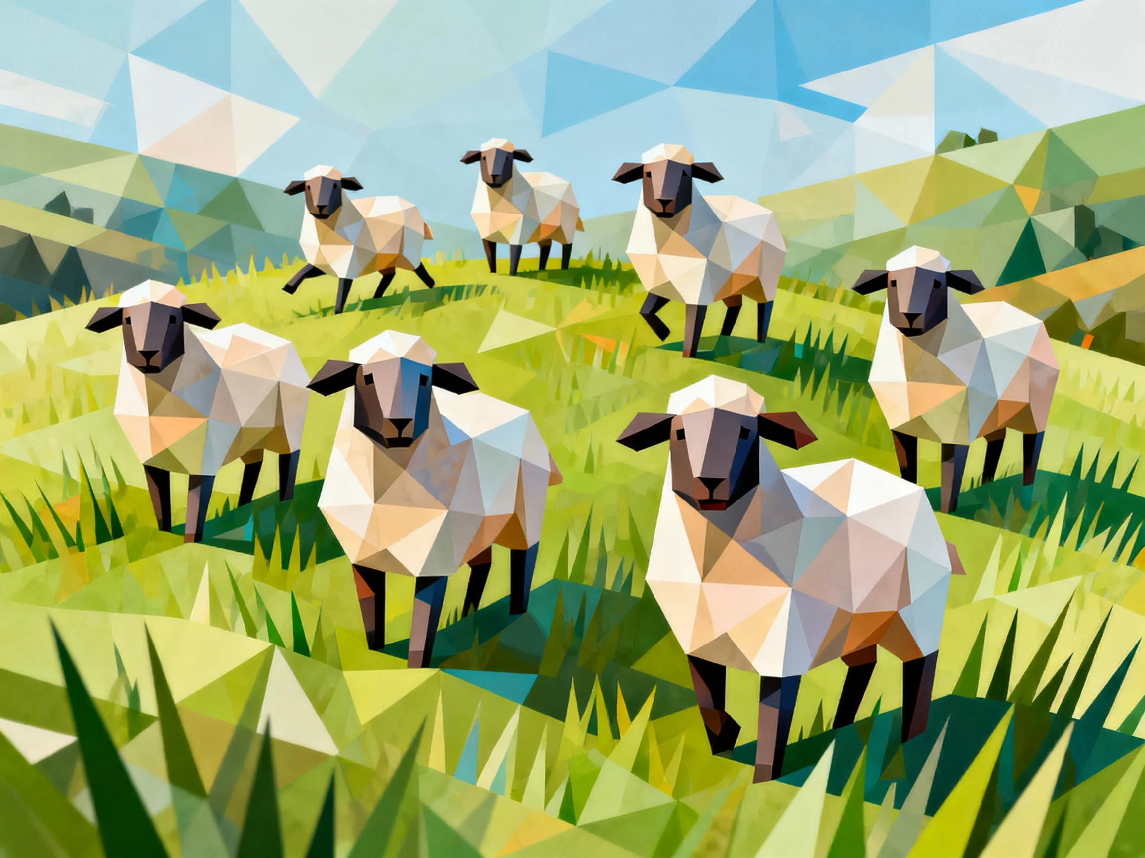 Seven polygon sheep on stylized green pastoral landscape
