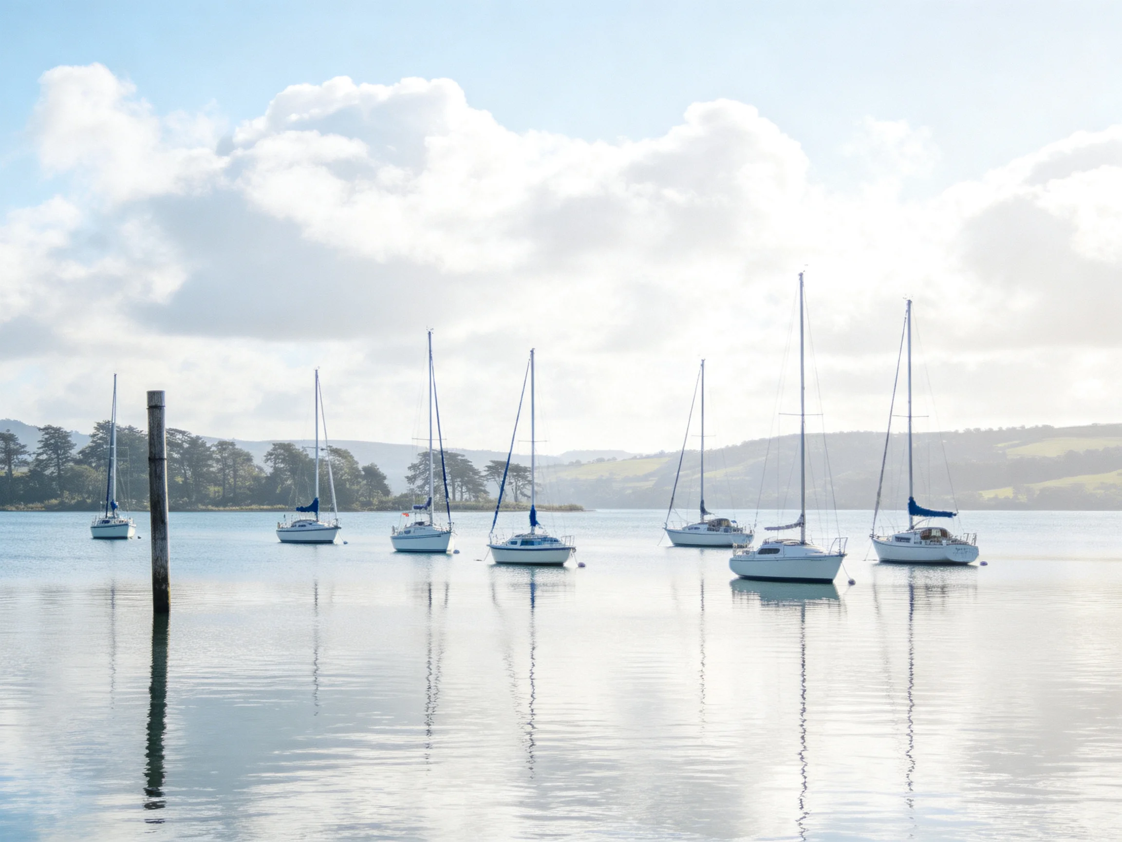 Seven sailboats float on calm water near tree-lined shores