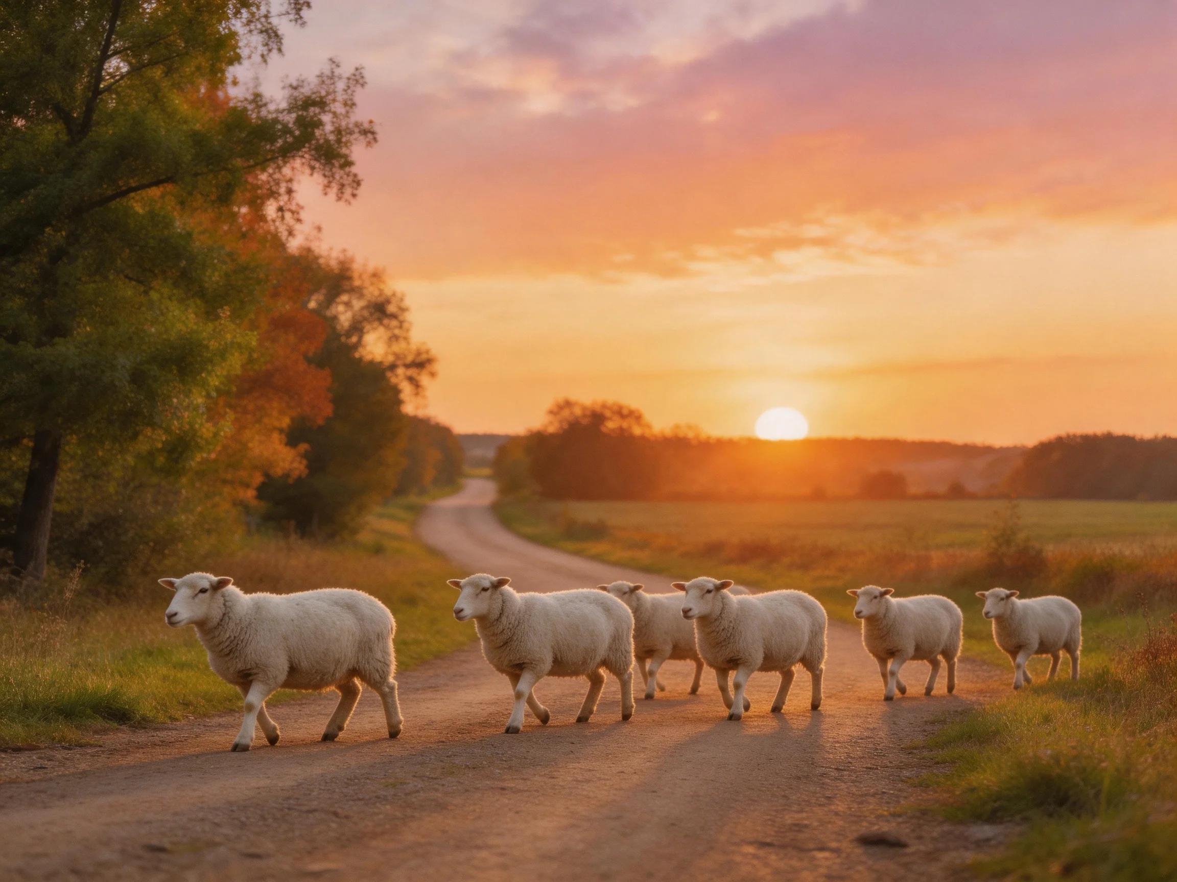 Seven sheep cross a winding dirt road during golden sunset hours