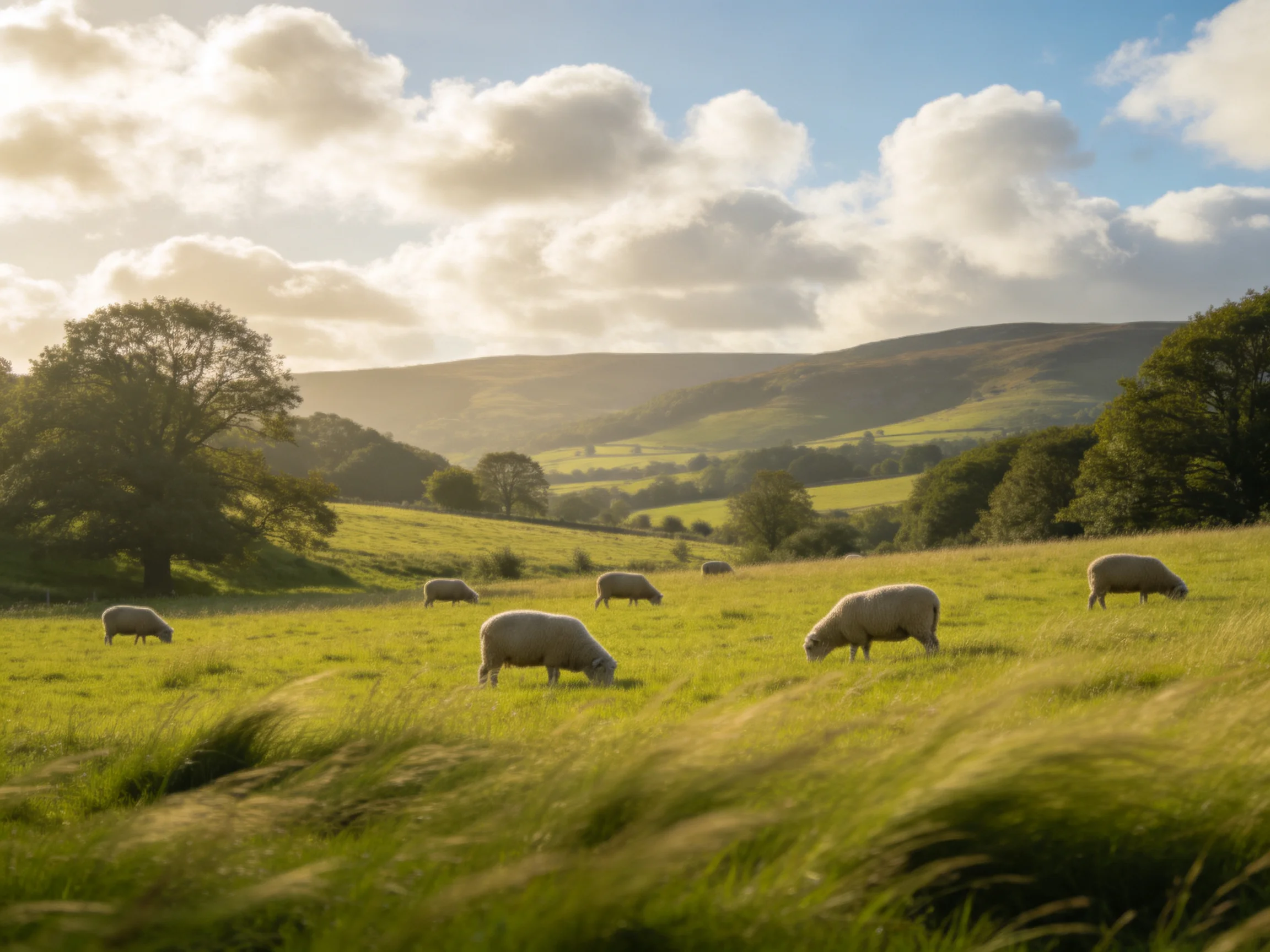 Seven sheep graze in a sunlit green meadow with rolling hills