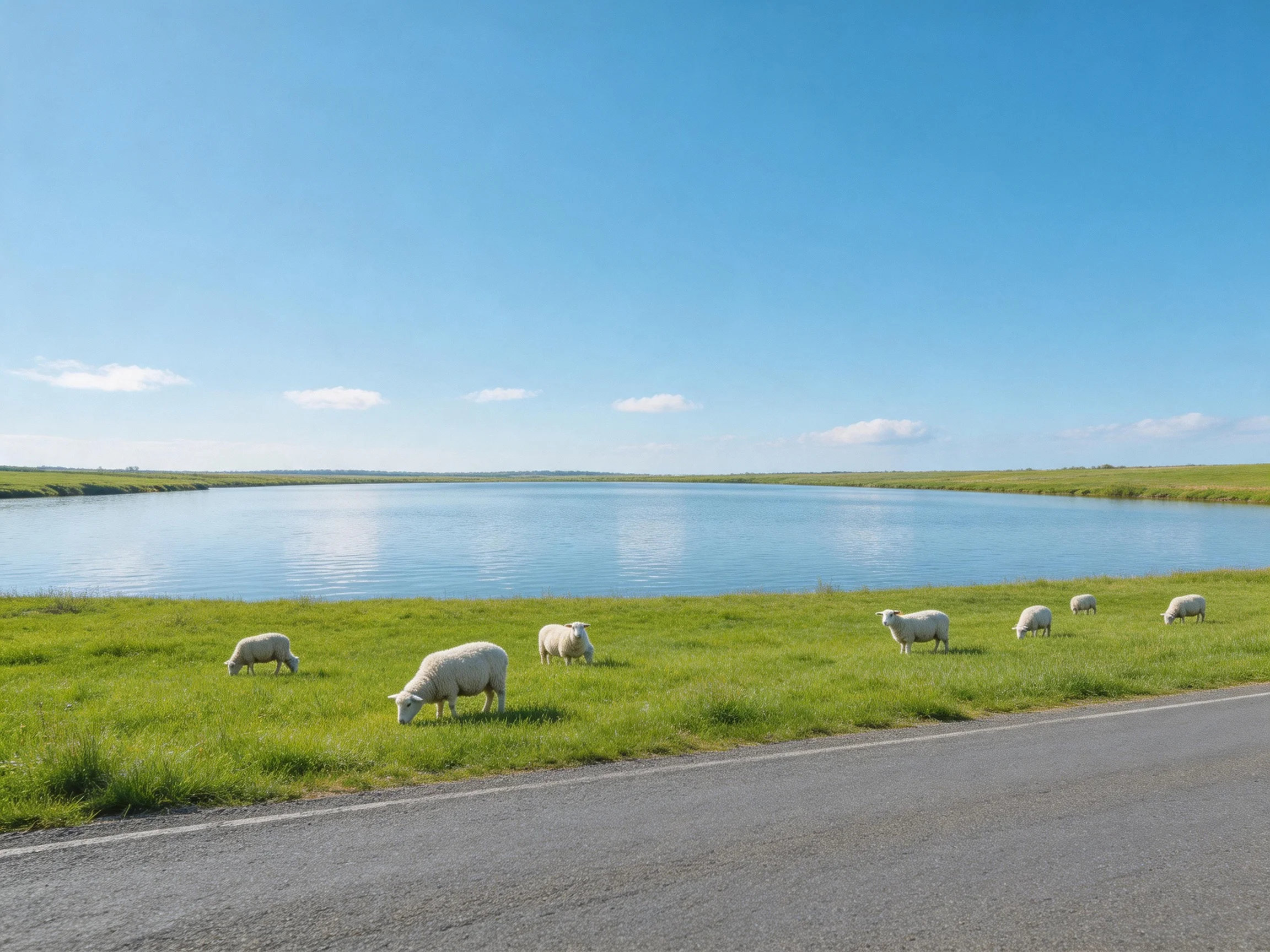 Seven sheep graze near a calm lake beside a paved road.