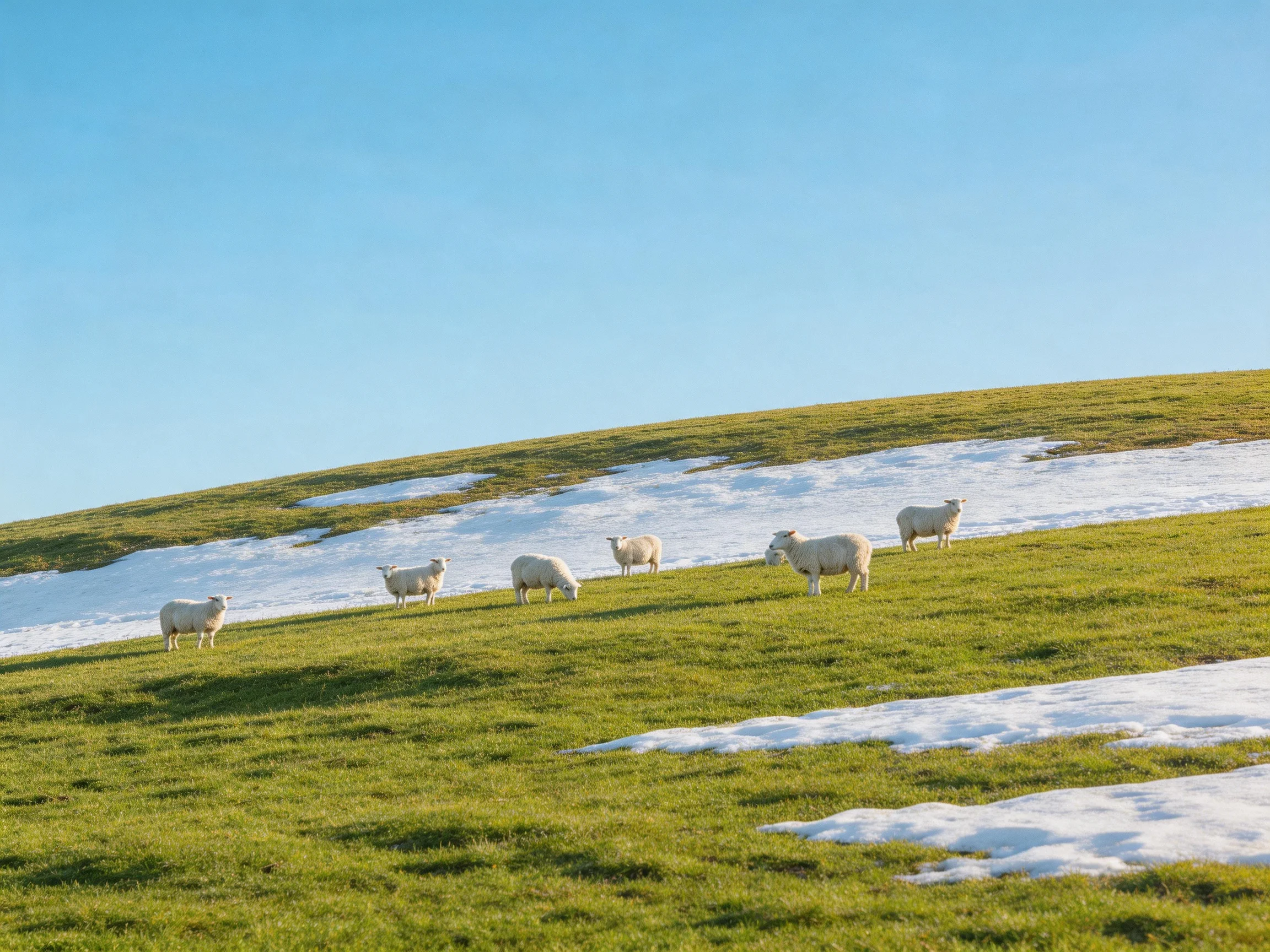 Seven sheep graze on a snowy-green hillside under a clear blue sky