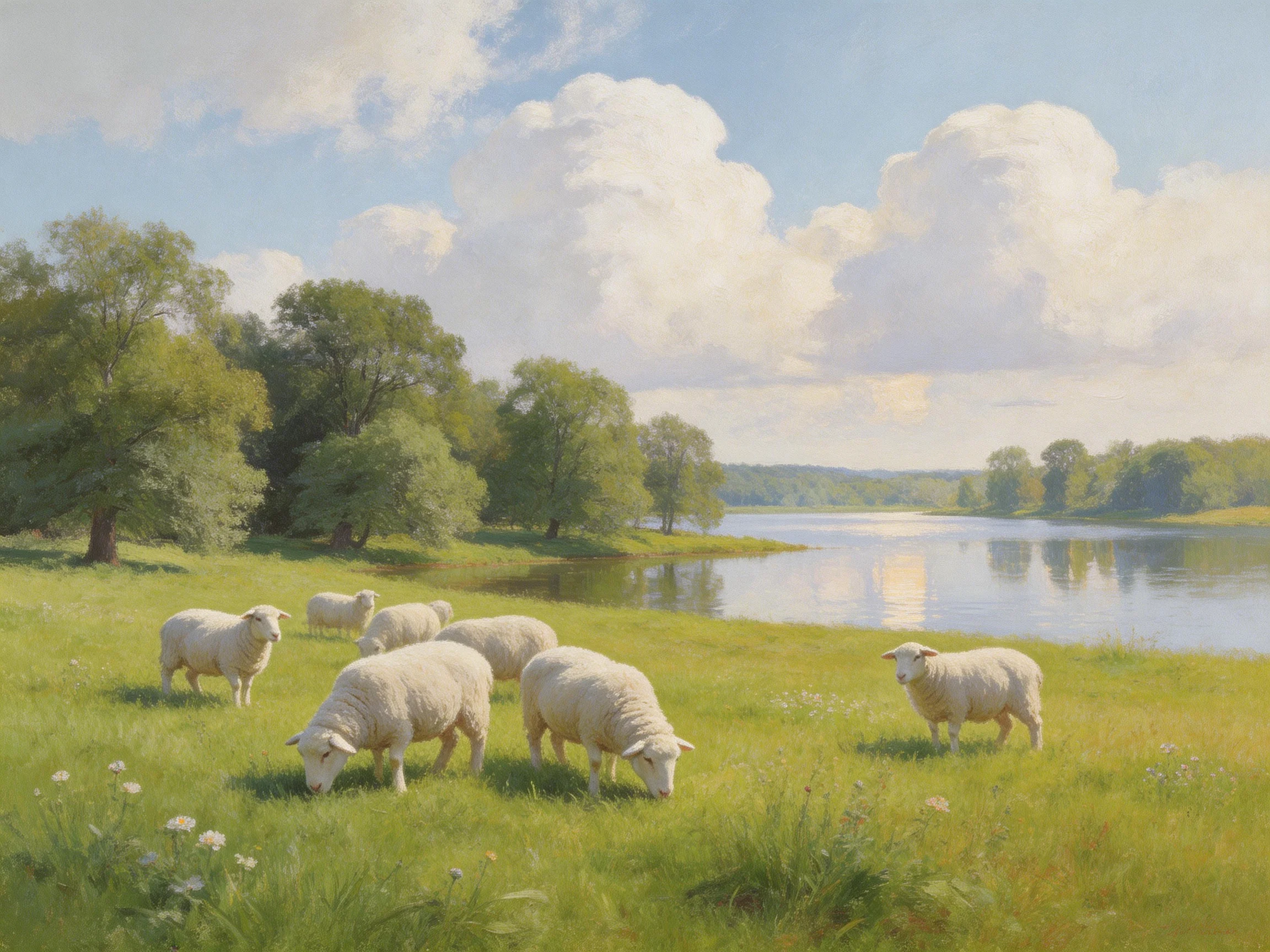Seven sheep grazing in a sunny riverside meadow