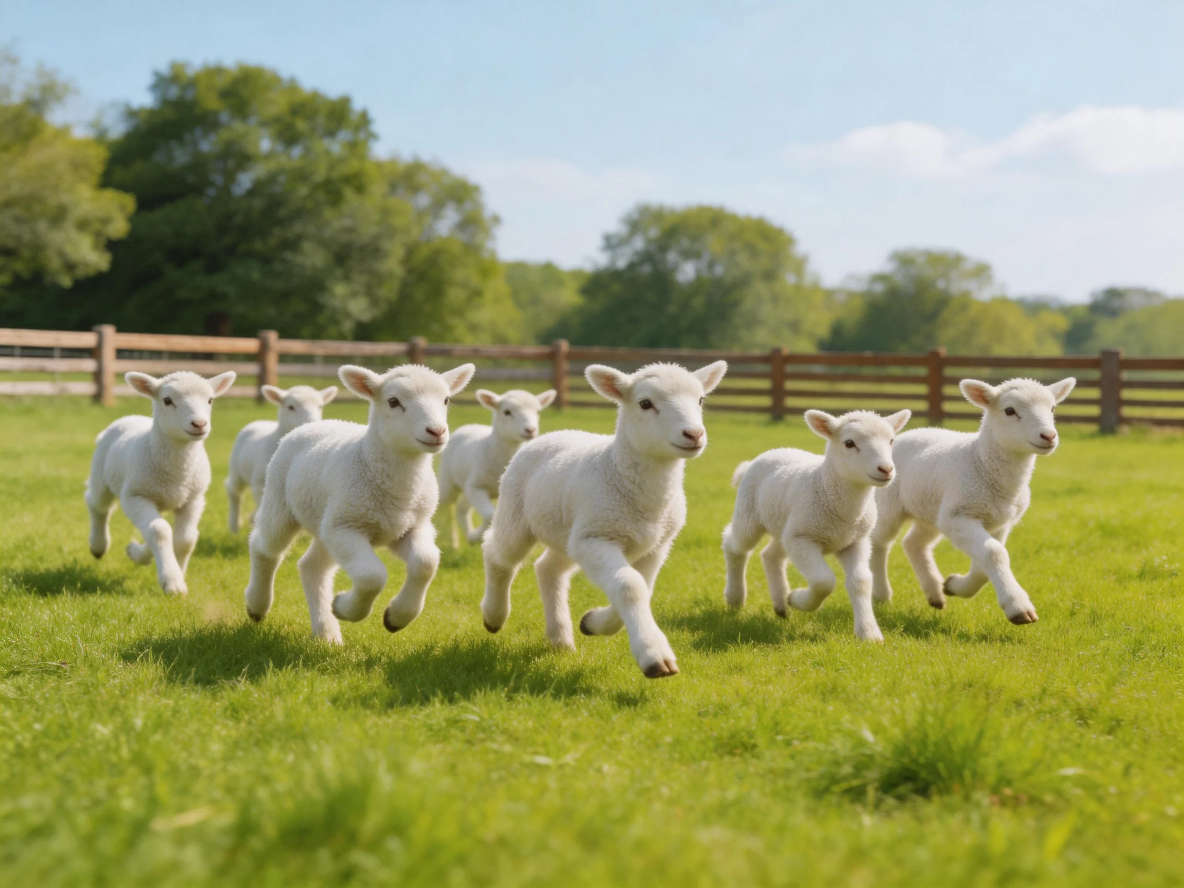 Seven white lambs running in a sunny green pasture