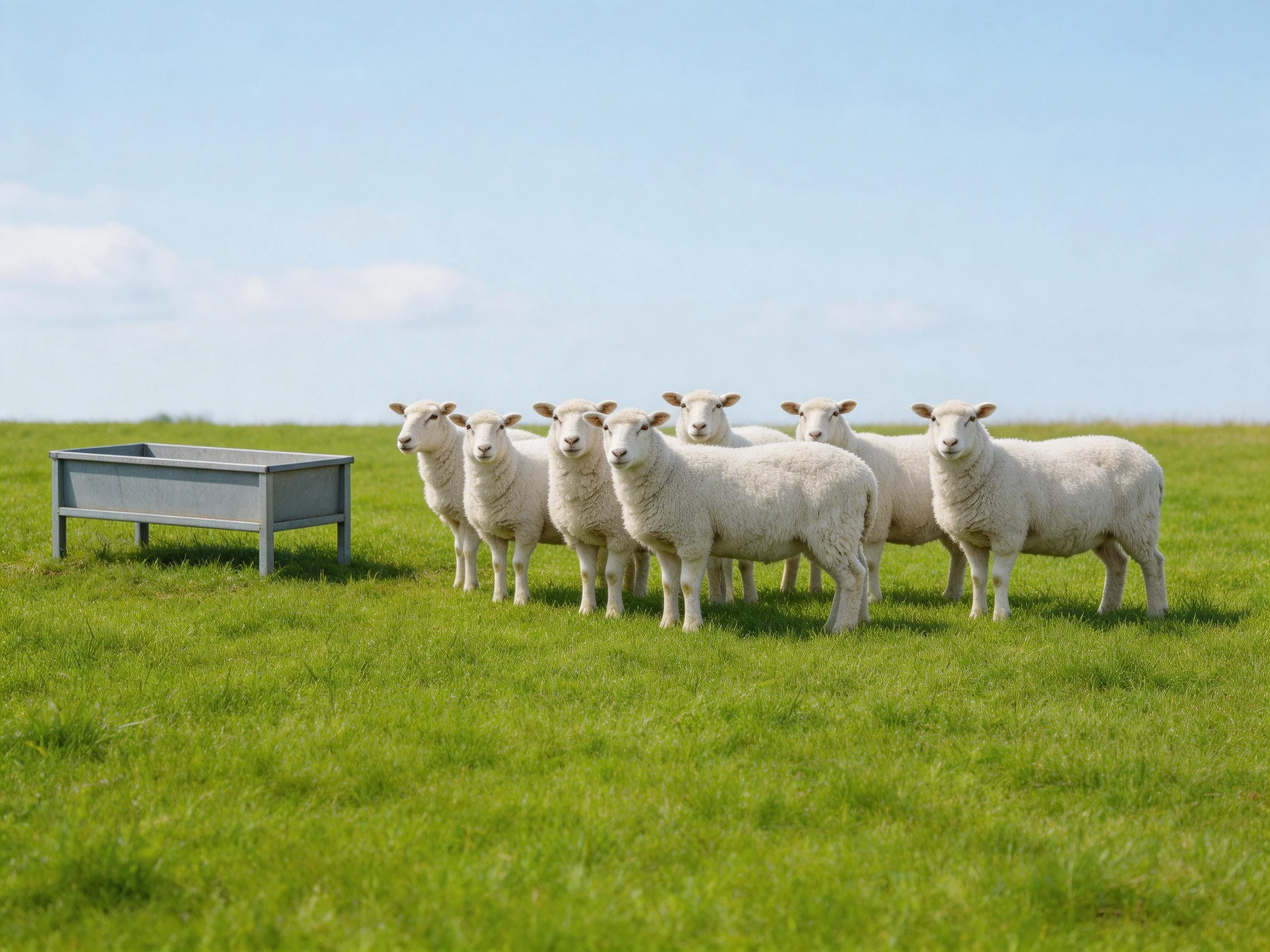Seven white sheep gather near a gray feeding trough in a lush green pasture