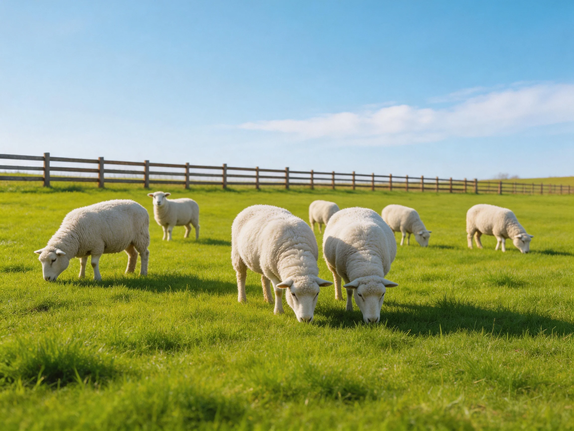 Seven white sheep graze in a lush green pasture near a wooden fence