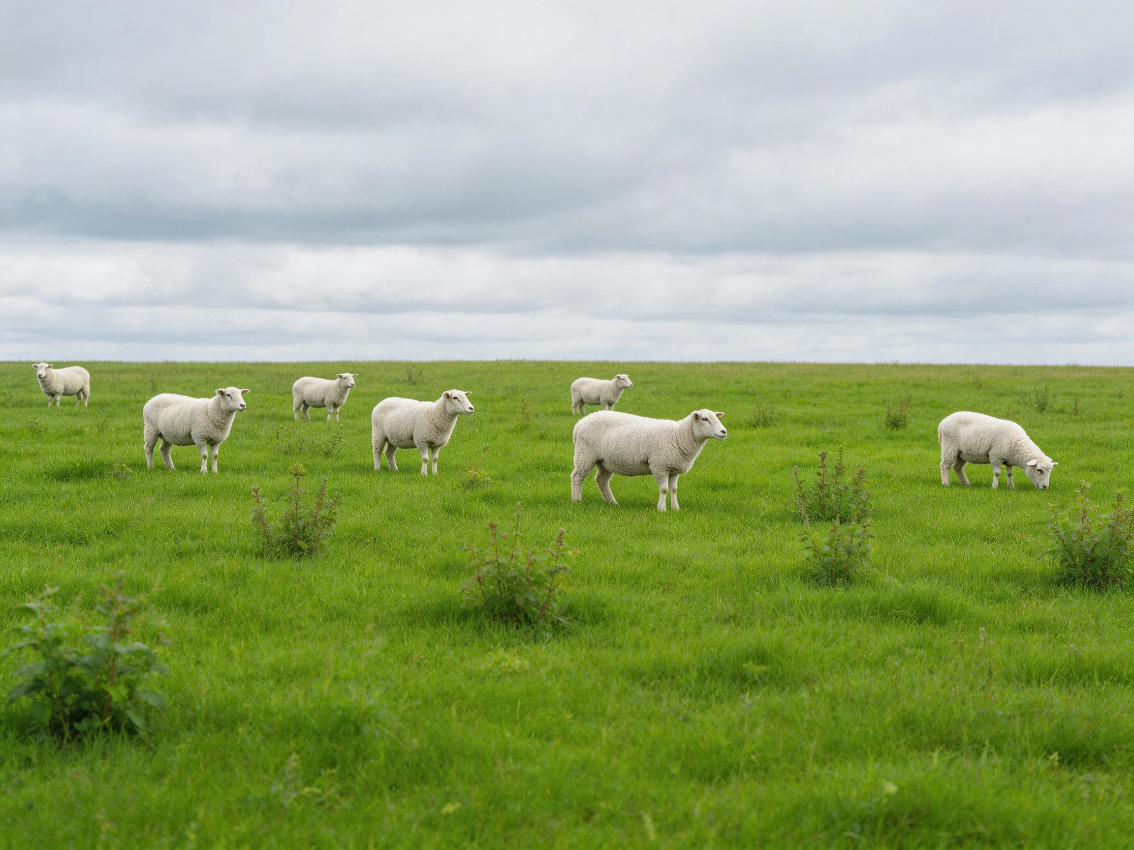 Seven white sheep graze in a lush green pasture under overcast skies.