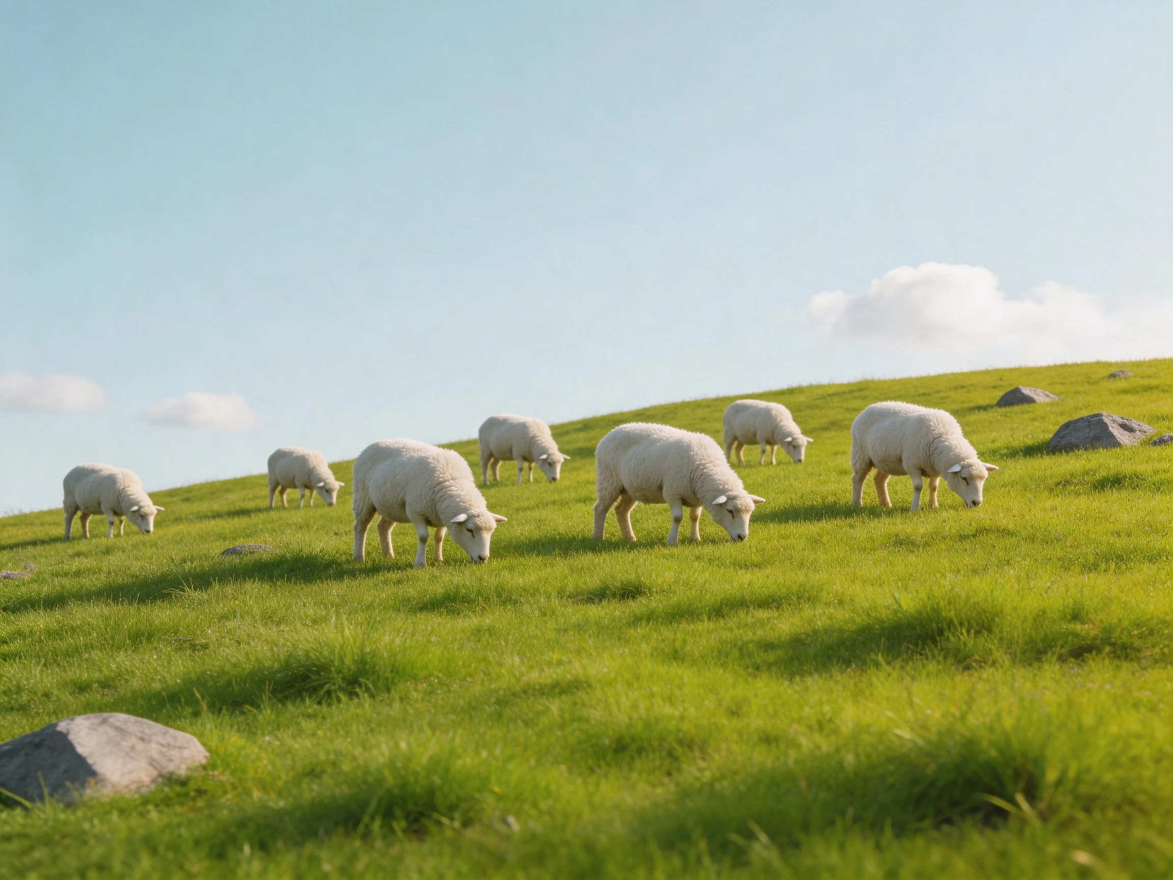Seven white sheep graze on a lush green hillside under a bright blue sky