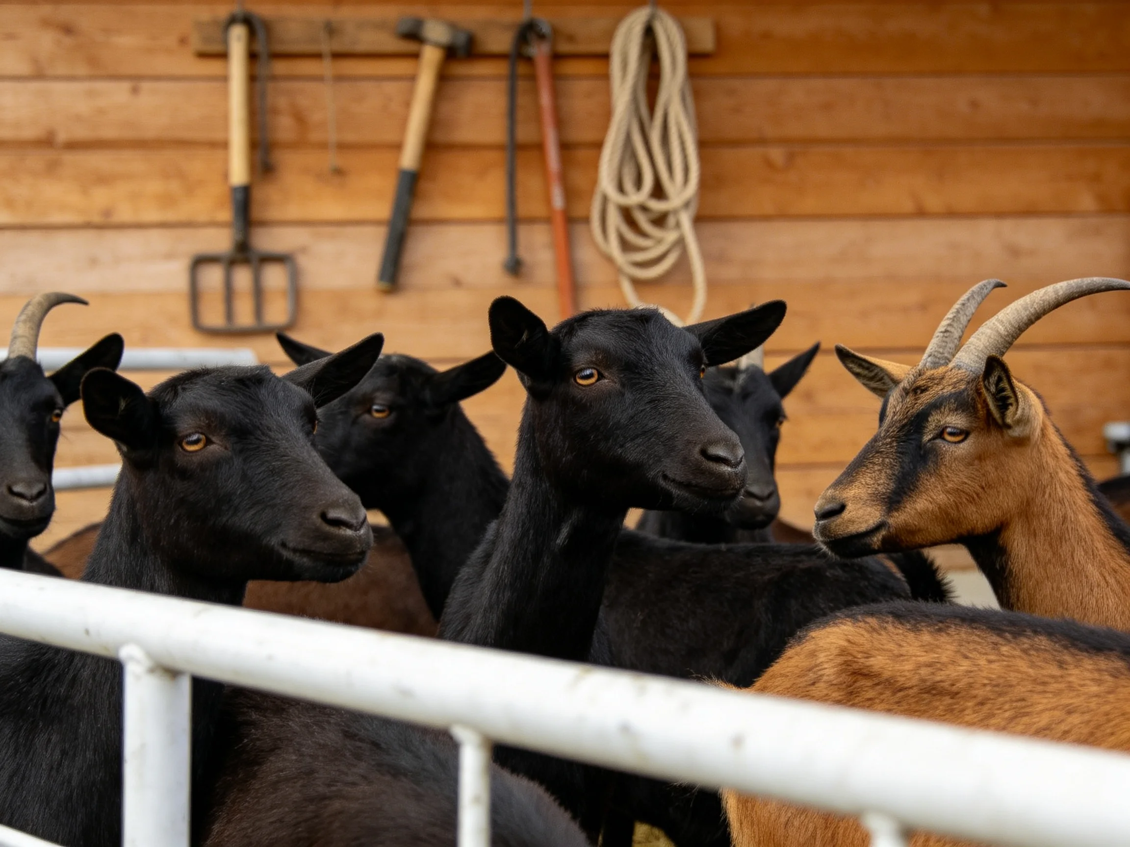 Several black and tan goats gather by wooden walls with farm tools