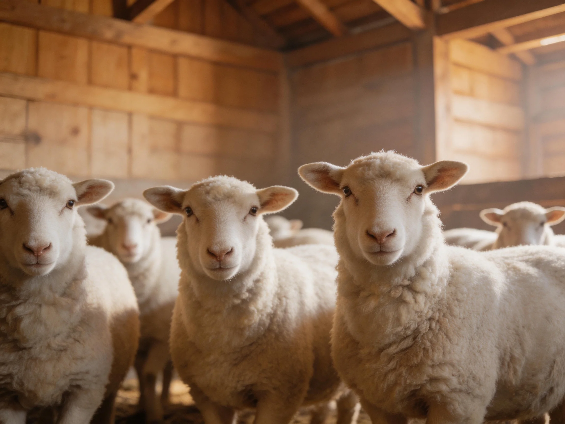 Several fluffy white sheep in a rustic wooden barn