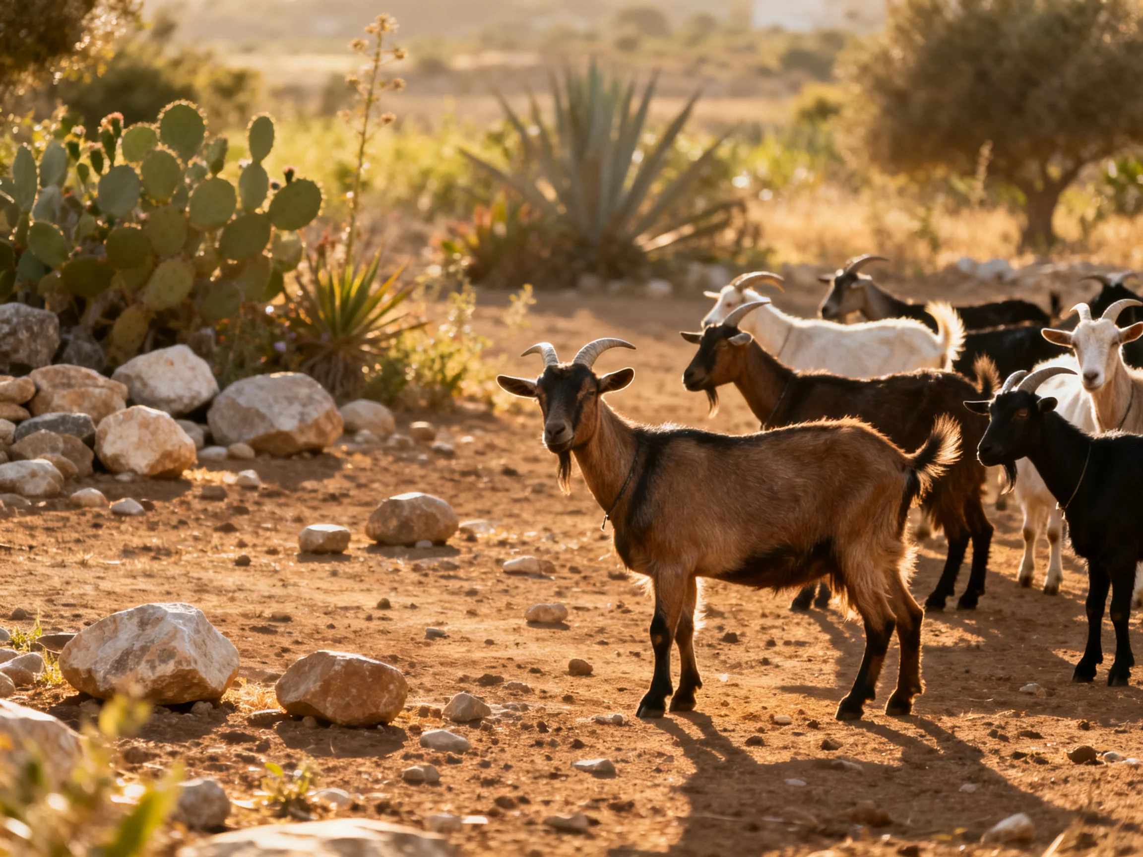 Several goats in a sunlit rocky desert environment