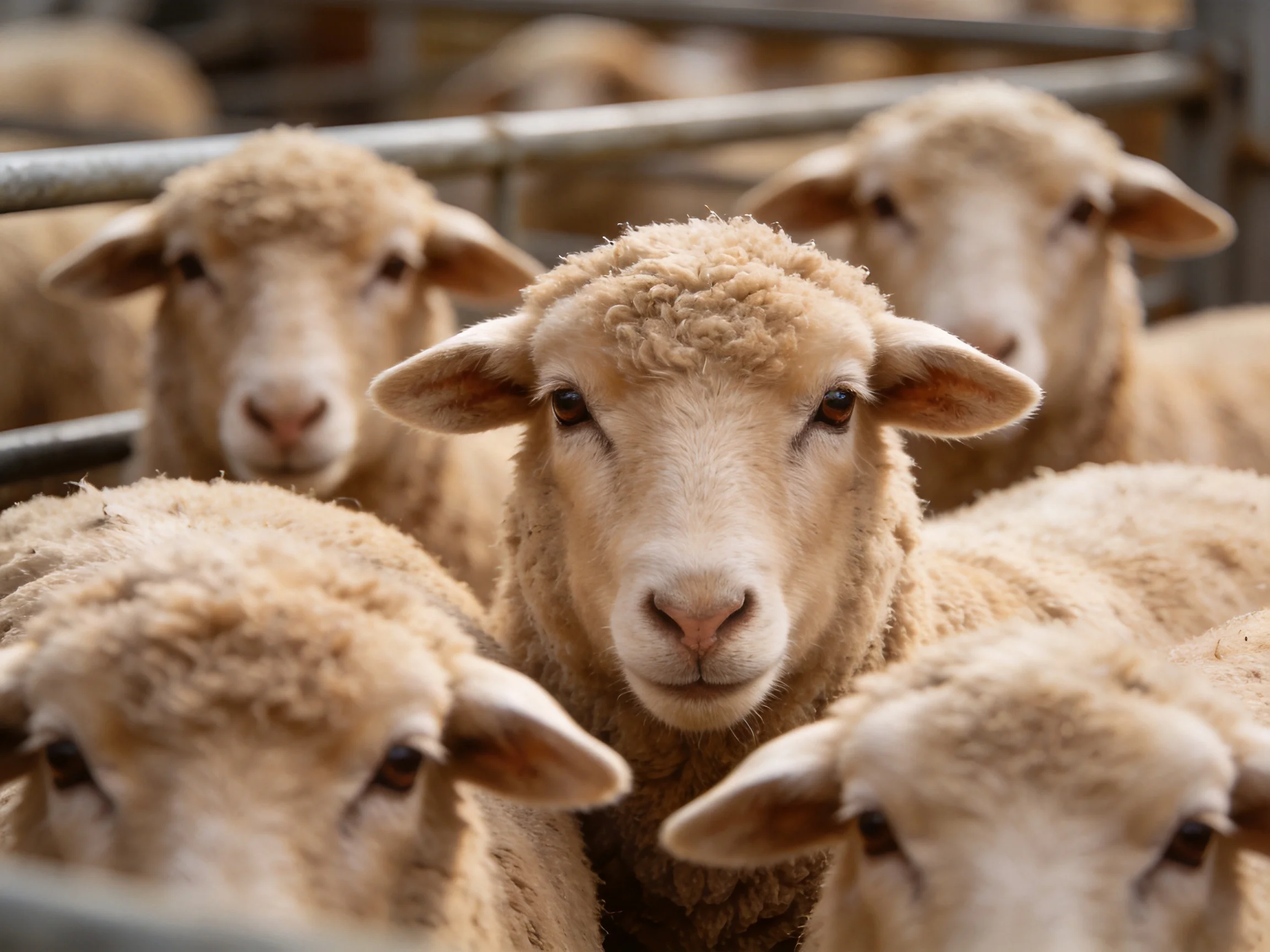 Several light brown sheep clustered in a metal enclosure