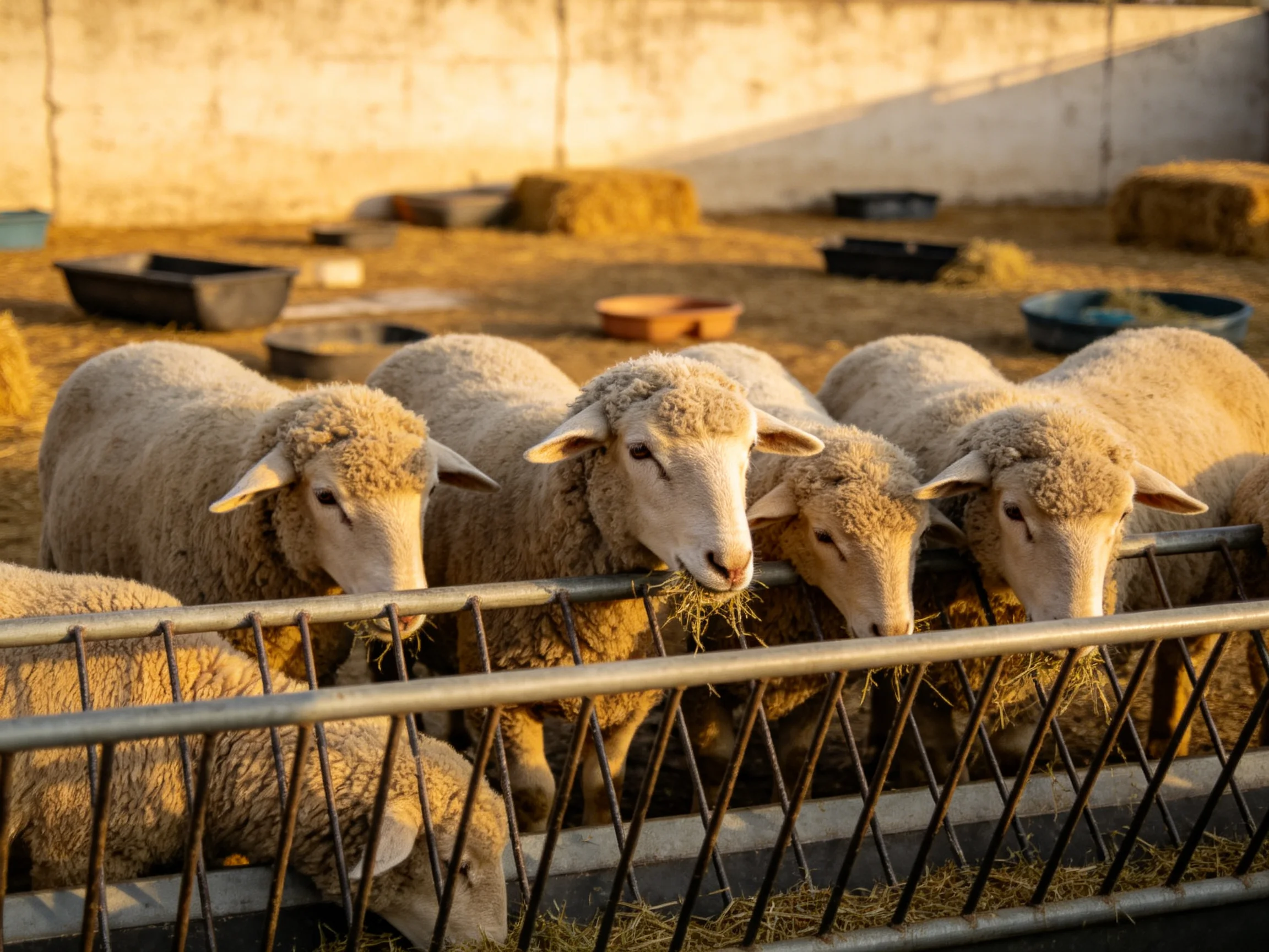 Several sheep eat hay from a metal trough in a sunlit farm area.