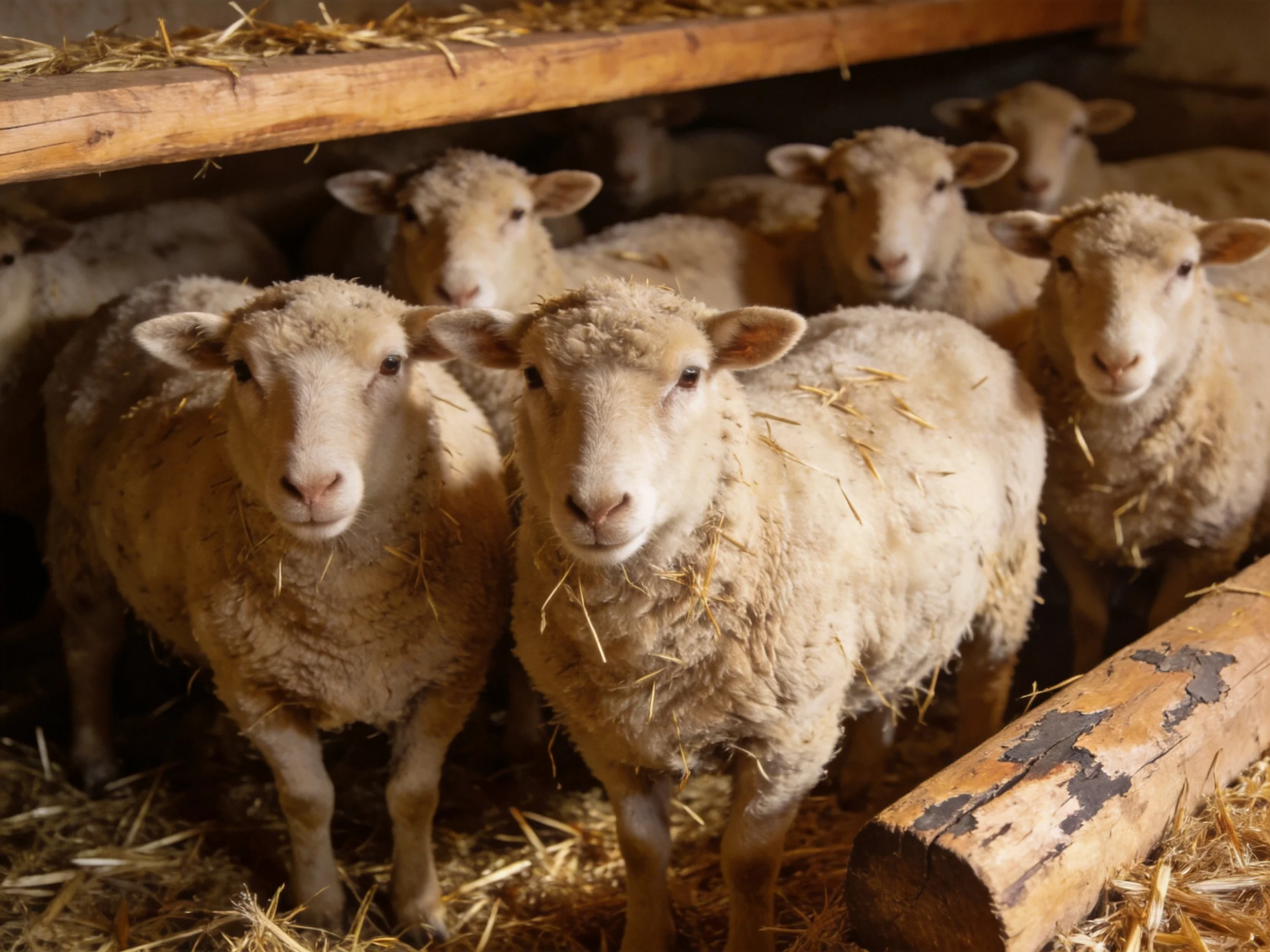 Several woolly sheep gather in a straw-filled barn interior